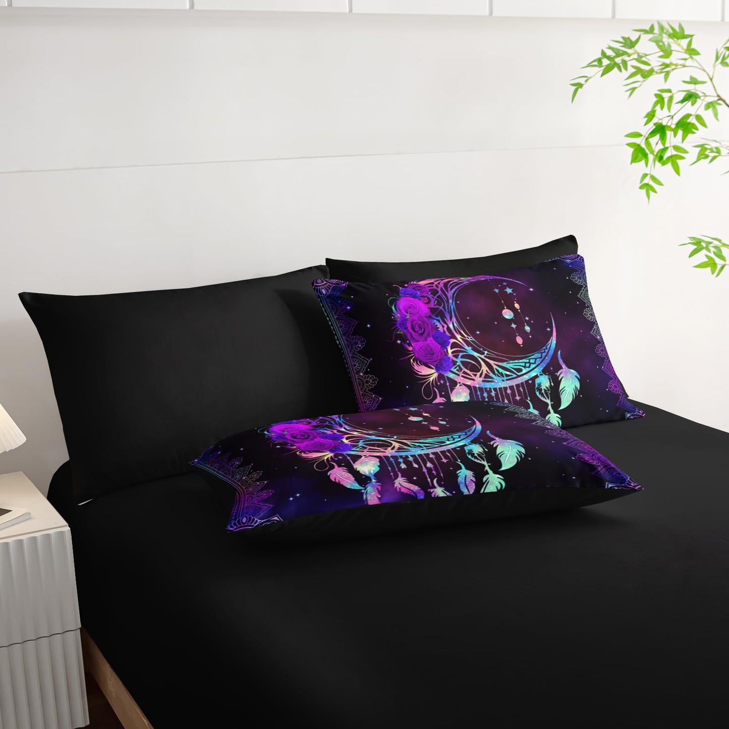AILONEN Moon Dream Catcher Comforter Set - 7Pcs Soft Queen Size Bed in a Bag - Neon Mandala Boho Comforter,Fitted Sheet,Flat Sheet,2 Pillowcases,2 Pillow Shams for Room Decor