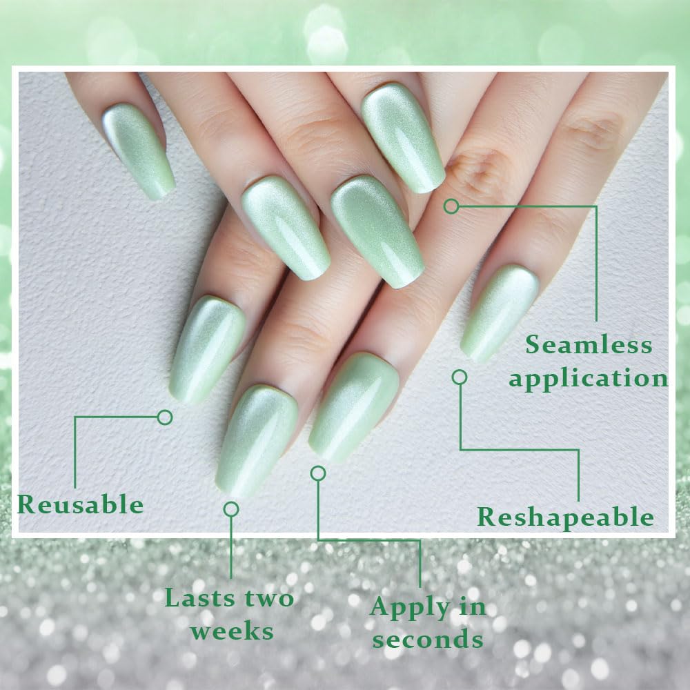 evpct Light Green Cat Eye Coffin Press on Nails Square Medium, Medium Square Stick on Nail for Women, Pale Green Metallic Glitter Glossy Reusable Summer Soft Gel Press on Acrylic Fake Nail with Design