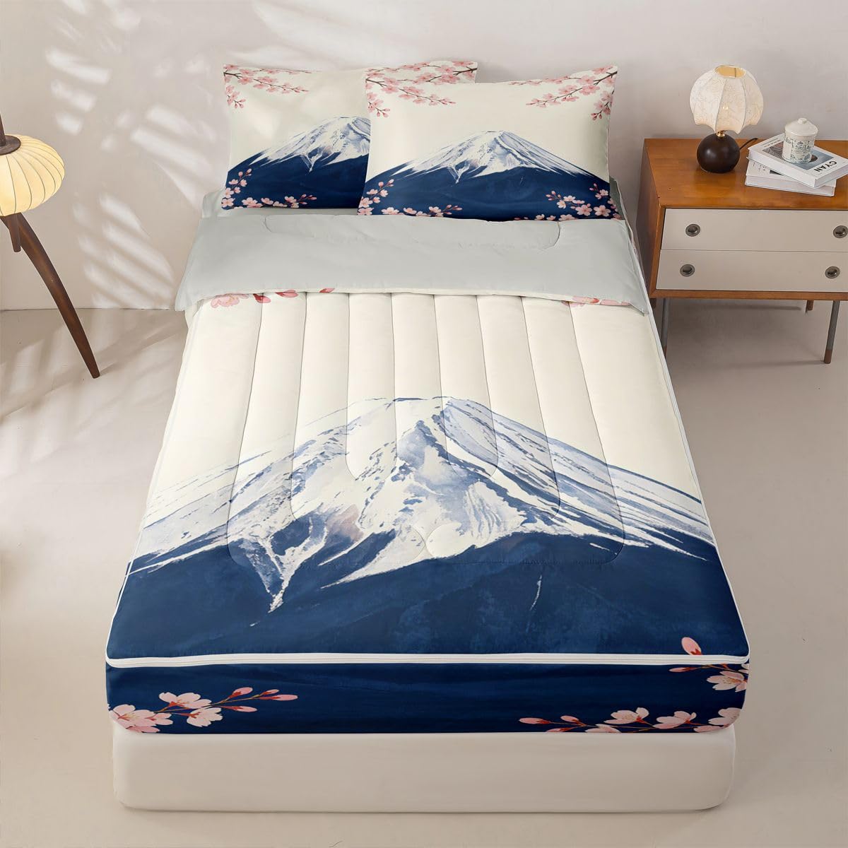 Feelyou Japanese Zipper Bedding Full Cherry Blossom Zipper Bedding Sets for Kids Boys Girls Mount Fuji Japan Comforter Set with Fitted Sheet and 2 Pillowcases Bedroom Decor