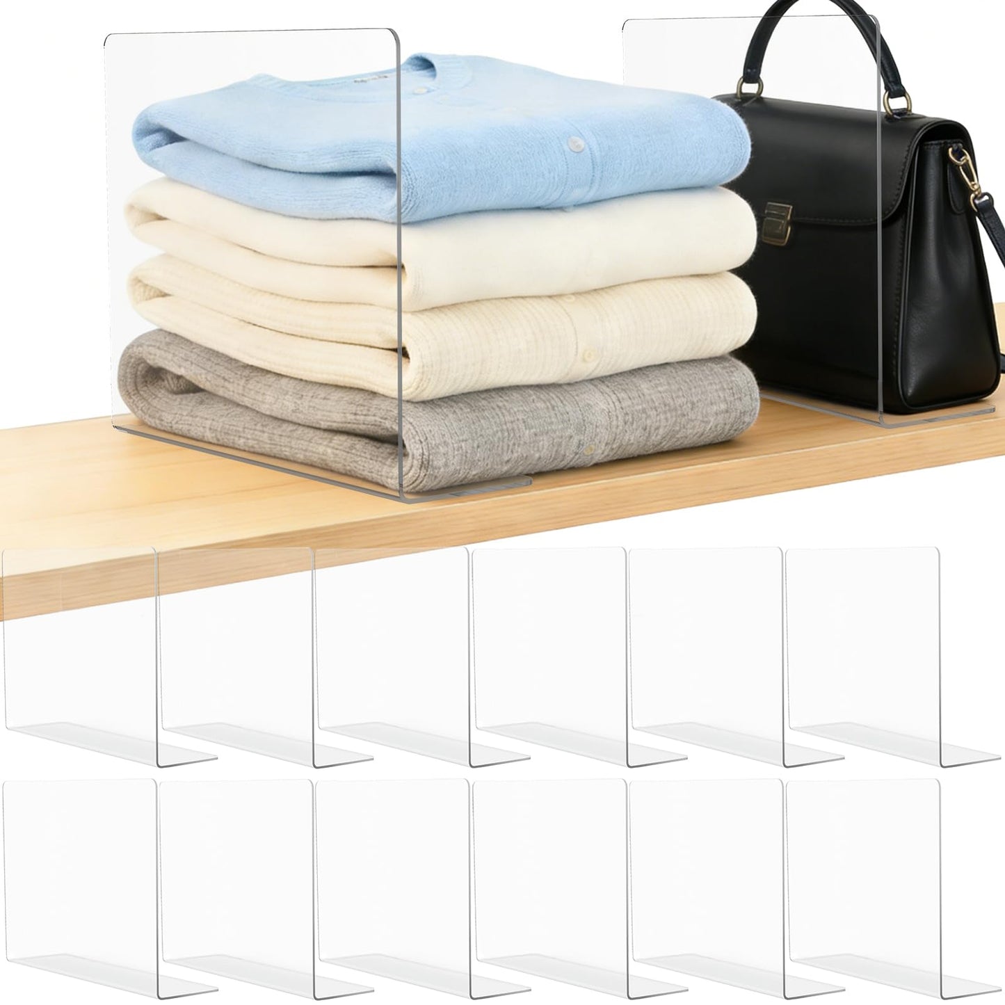 Lebouri Shelf Dividers for Closet Organization: 12" Tall x 12" Deep Acrylic Shelf Dividers for Clothes Sweater Purse - Clear Closet Organizers and Storage Separators for Shelves, 12Pack