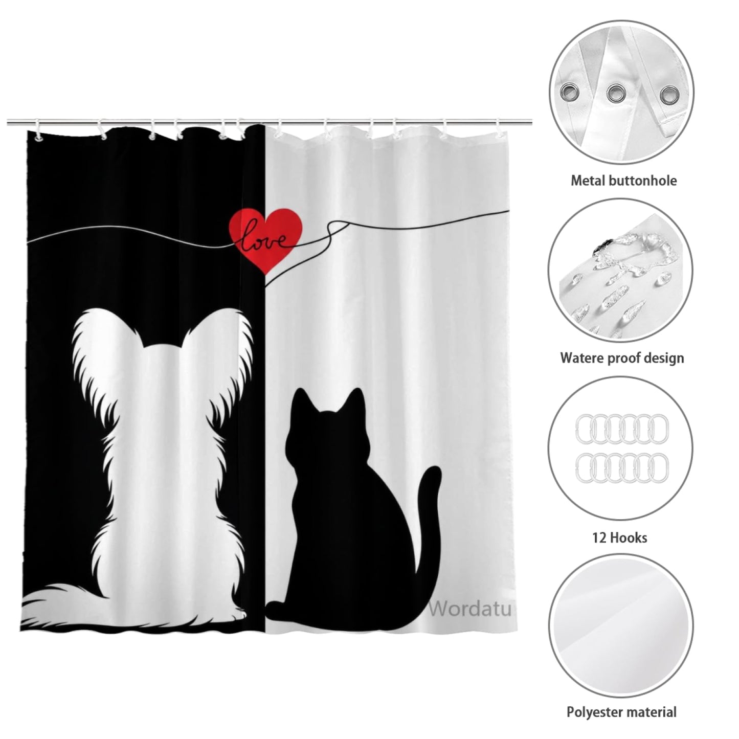 Wordatu Cute Cat and Heart Papillon Shower Curtain, Funny Animal Polyester Shower Curtains for Bathroom,Waterproof Fabric Bath Decor with Plastic Hooks 72x72 in