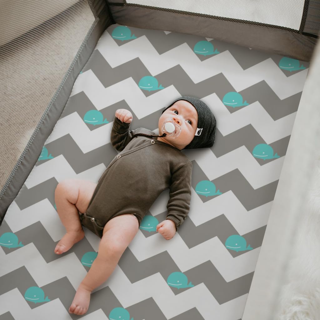 Stretchy Pack and Play Fitted Sheets: 2 Pack Mini Crib Sheets 38x26 - Soft Cozy Material - Fits Most Playards and Travel Playpens, Pack n Play, Nursery Daycare Bedding Essentials, Whale Cloud Print