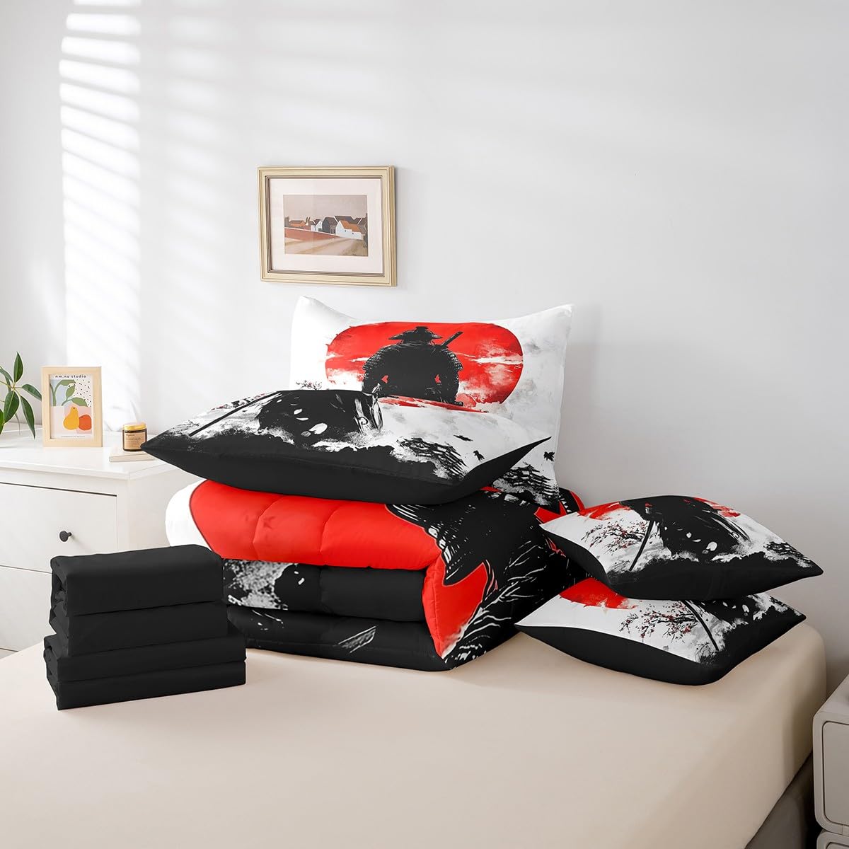 Erosebridal Japanese Samurai Comforter Set Twin,Samurai Ukiyoe Bedding Set 7Pcs,Cherry Blossom Bed in a Bag,Black Red Sun Quilt