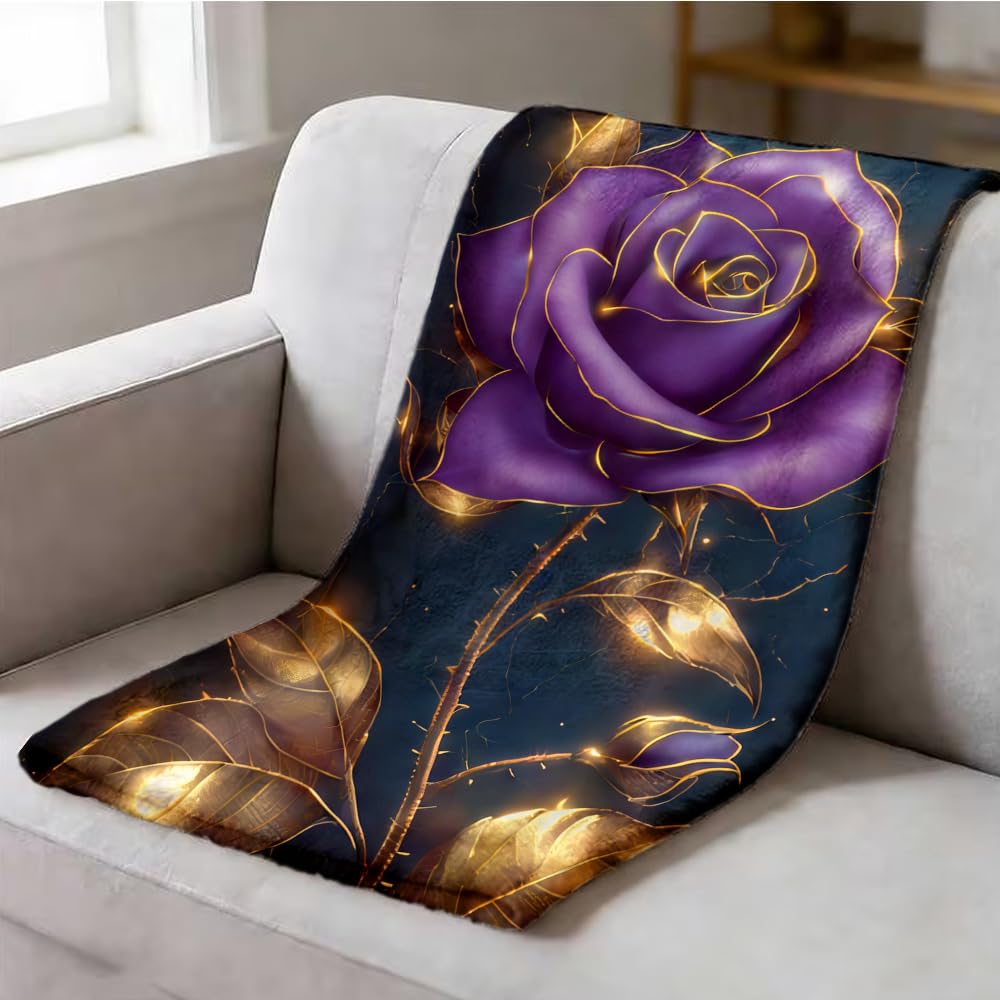 ZHOUSHUTONG Luxury Purple Gold Rose Flannel Throw Blanket, Soft Cozy Warm Elegant Floral Plush Blankets for Couch Bed Sofa, Glam Romantic Decor Blanket, Gift for Rose Lovers 49"x59"