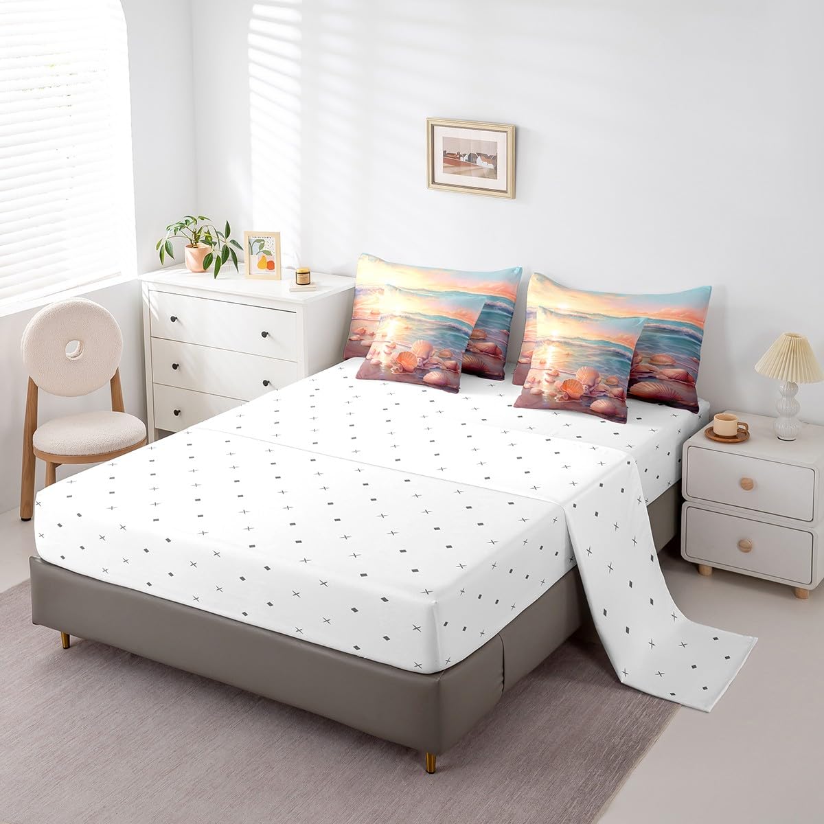 Erosebridal Ocean Full Bedding Sets 7-Piece Tropical Hawaii Comforter Set Hawaii Beach Comforter Set with Sheets Seashell Conch Bed in A Bag Oil Painting Bed Sheets Set Coastal Sealife Bedroom Decor