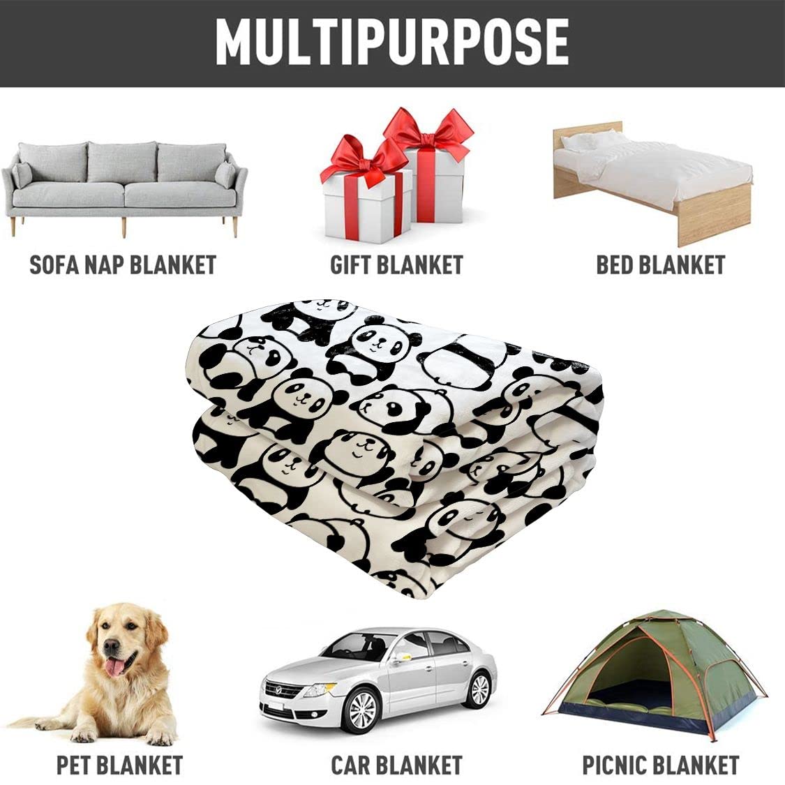 YISUMEI Black and White Panda Blanket, Sitting Lying Down the Little Panda Changes Various Positions, Indoor and Outdoor Use, 60"x80"