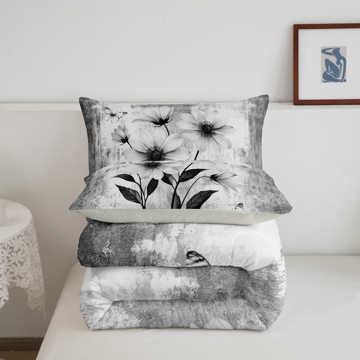 Erosebridal Watercolor Flowers Queen Comforter Set Abstract Oil Painting Daisy Bedding Set Rustic Farmhouse Bed Set Ombre Grey White Quilt Set