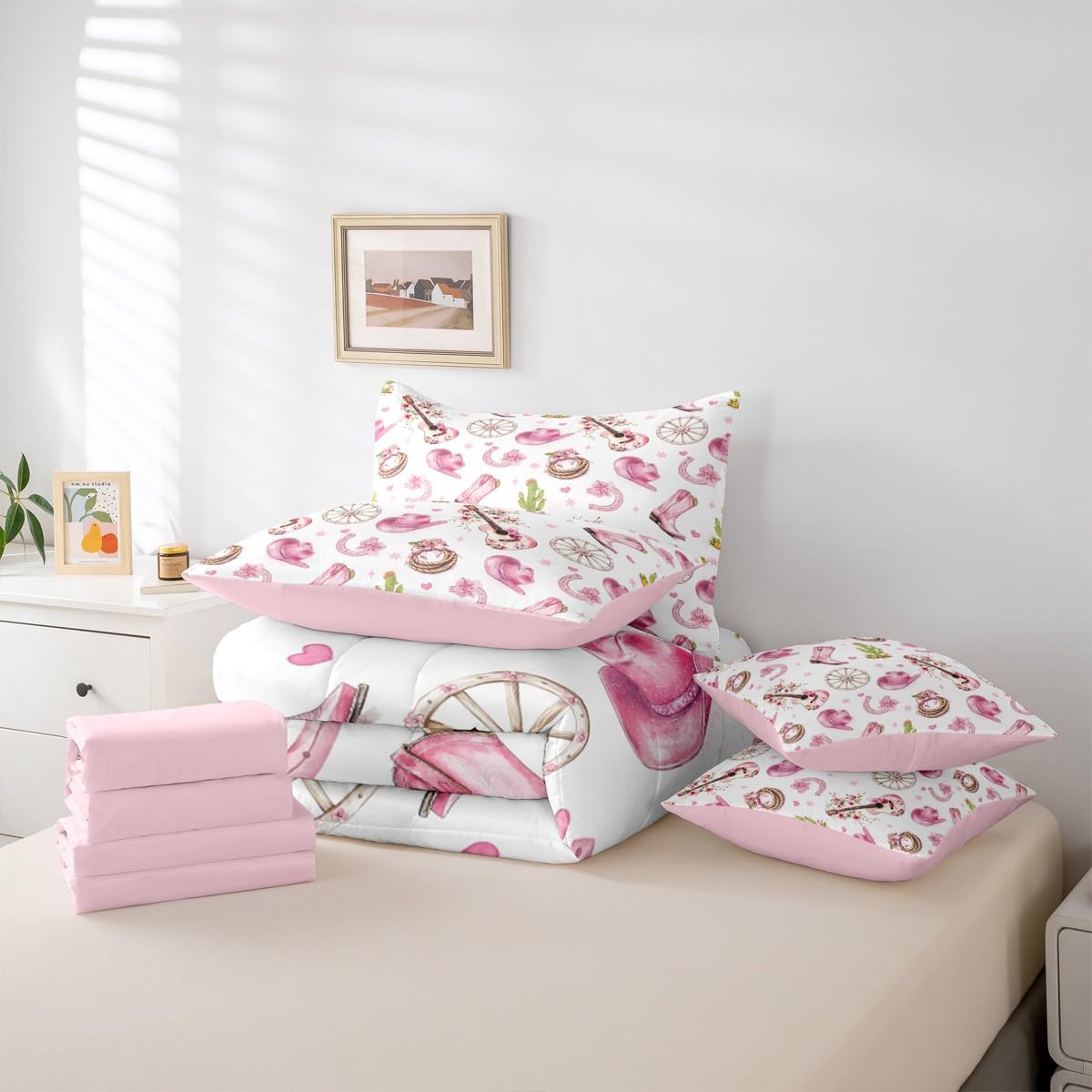 Erosebridal 7Pcs Cute Pink White Western Cowgirl Twin Comforter Set with Sheets Cactus Guitar Bow Bedding for Teen Girl Vintage Western Hat Boot Wildflower Bed in A Bag Preppy Fahion Coquette Bed Sets