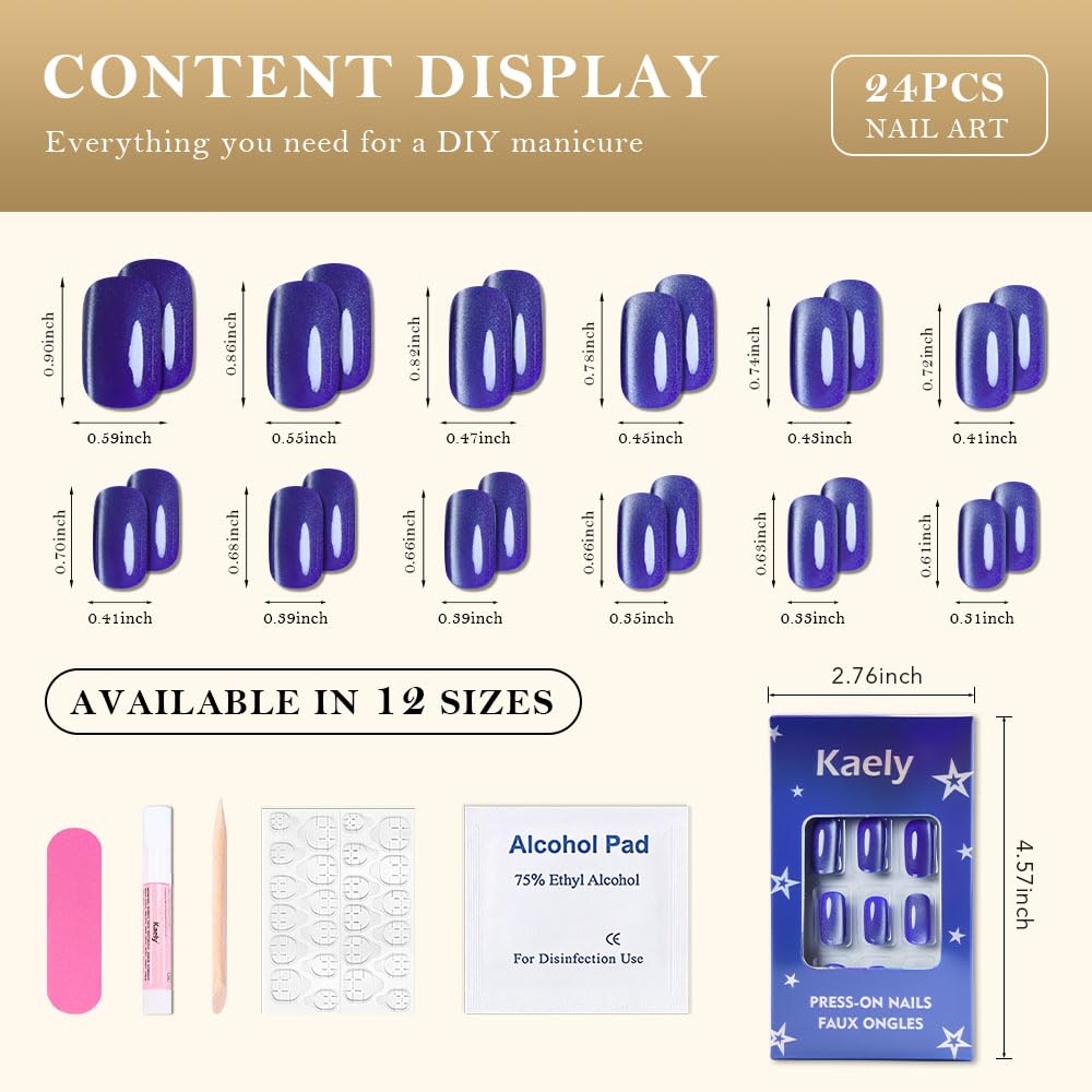 Blue Cat Eye Press on Nails Medium Square, Medium Square Press Stick on Nails Chrome for Women Gift, Blue Holographic Glitter Glossy Reusable Soft Gel Acrylic Fake Nail with Designs Cateye Effect