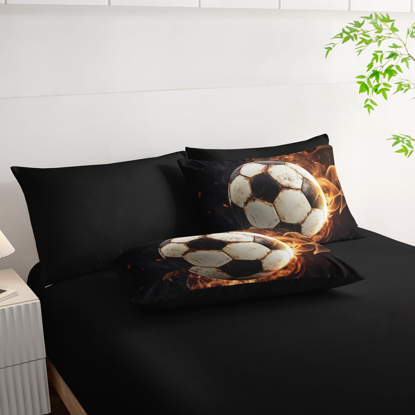 XYNHML Soccer Print Comforter 7Pcs Gaming Sport Flame Soccer Bedding Set for Kid Teen Girl Boy Adult Sports White Black Football Quilt Bed Set Twin with 2 Sheets,2 Pillowcases,2 Throw Pillow Covers