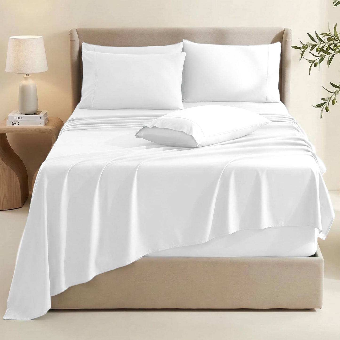 Hearth & Harbor Extra Deep Pocket Queen Sheets Sets - Fits Mattress 18-24 Inches Deep - Extra Deep Pocket Sheets - 6 Piece Queen Size - White