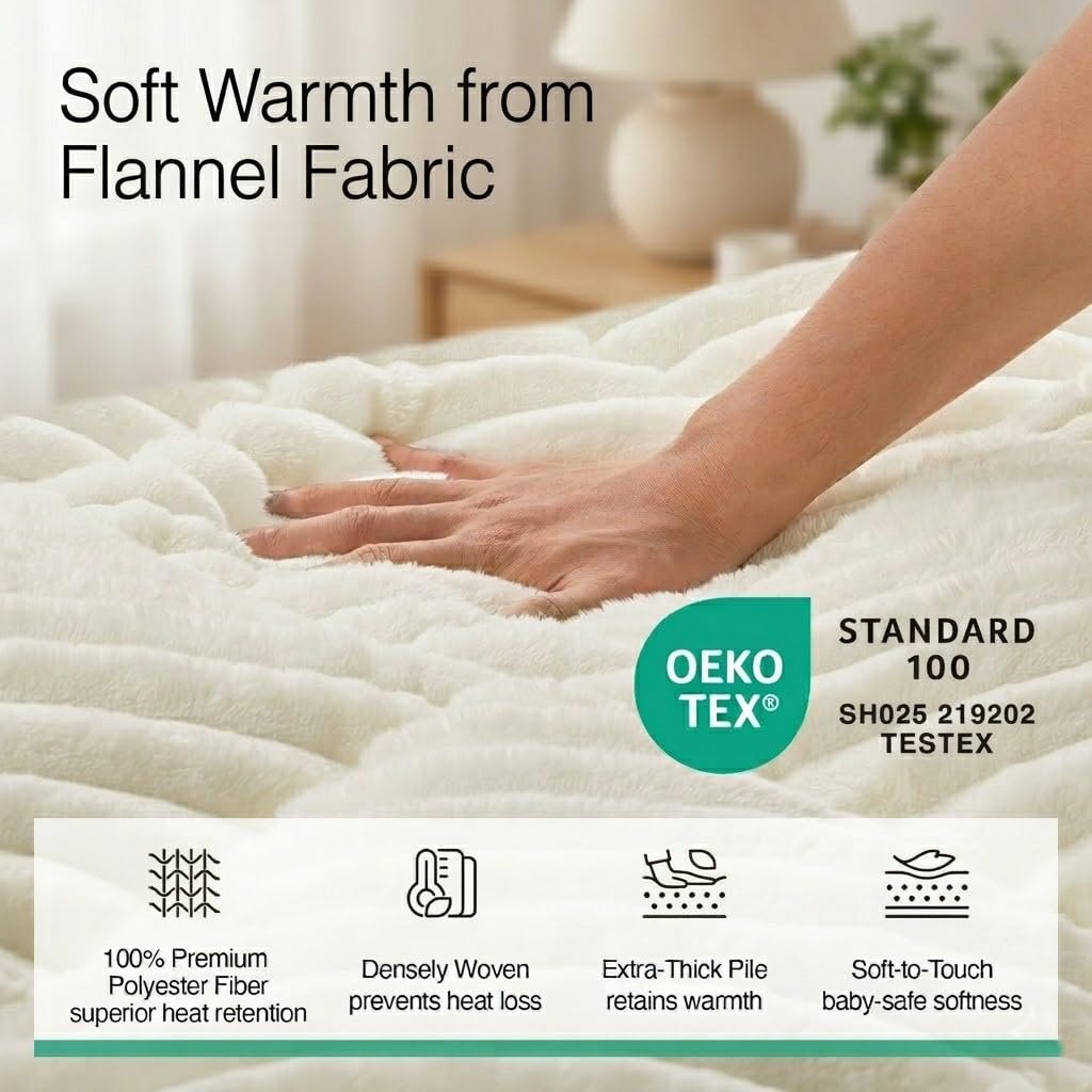 Novilla King Flannel Mattress Topper, Ultra Soft Faux Fur Mattress Pad with Deep Pocket, Quilted Thickened Warm Bed Topper for Winter, Fits 8-21" Mattress, Machine Washable, White