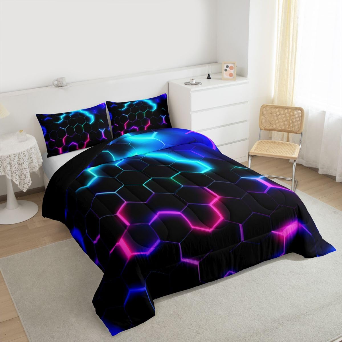 Castle Fairy 3D Honeycomb Comforter Set Twin Size,Neon Hexagon Theme Quilt Set Pink Blue Bedding 2pcs,Fashion Duvet Insert 1 Pillowcase,Black