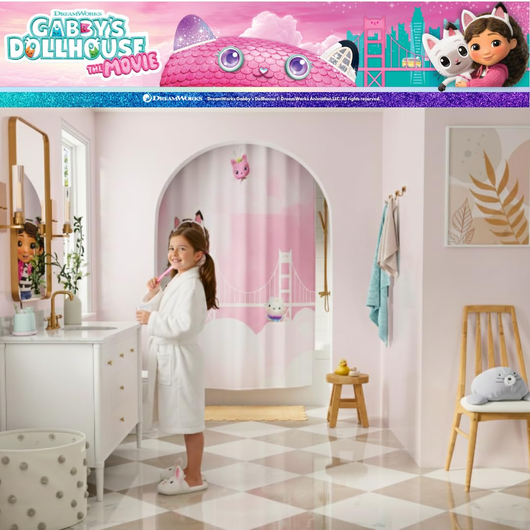 Gabby's Dollhouse The Movie 13-Piece Shower Curtain Set, 72 x 72 Inch Fabric Curtain with Hooks, Bathroom Decor, Machine Washable, (100% Officially Licensed Product) by Franco Collectibles