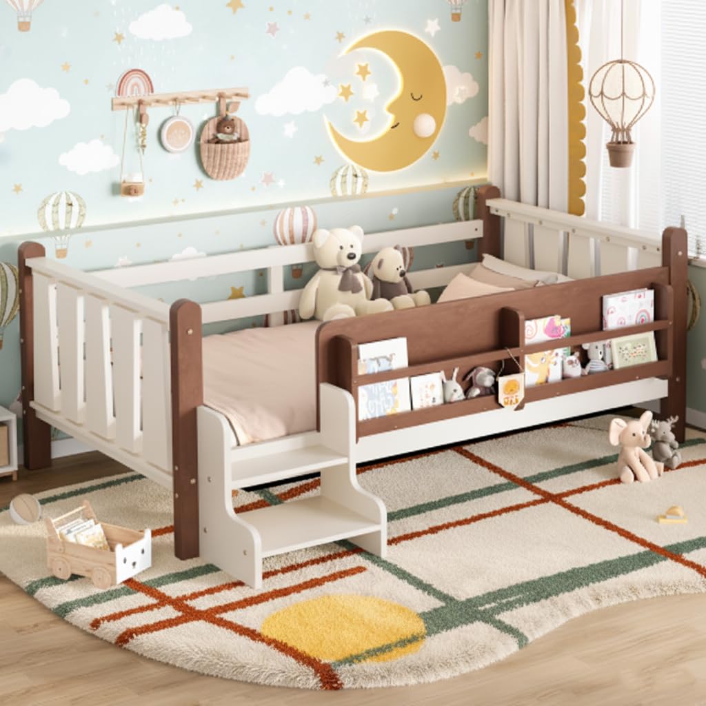 LUMISOL Twin Size Montessori Bed with Storage, Kids Low Bed Frame with Storage and Stairs, Wood Twin Size Platform Bed with Guardrail and Shelves, Beige