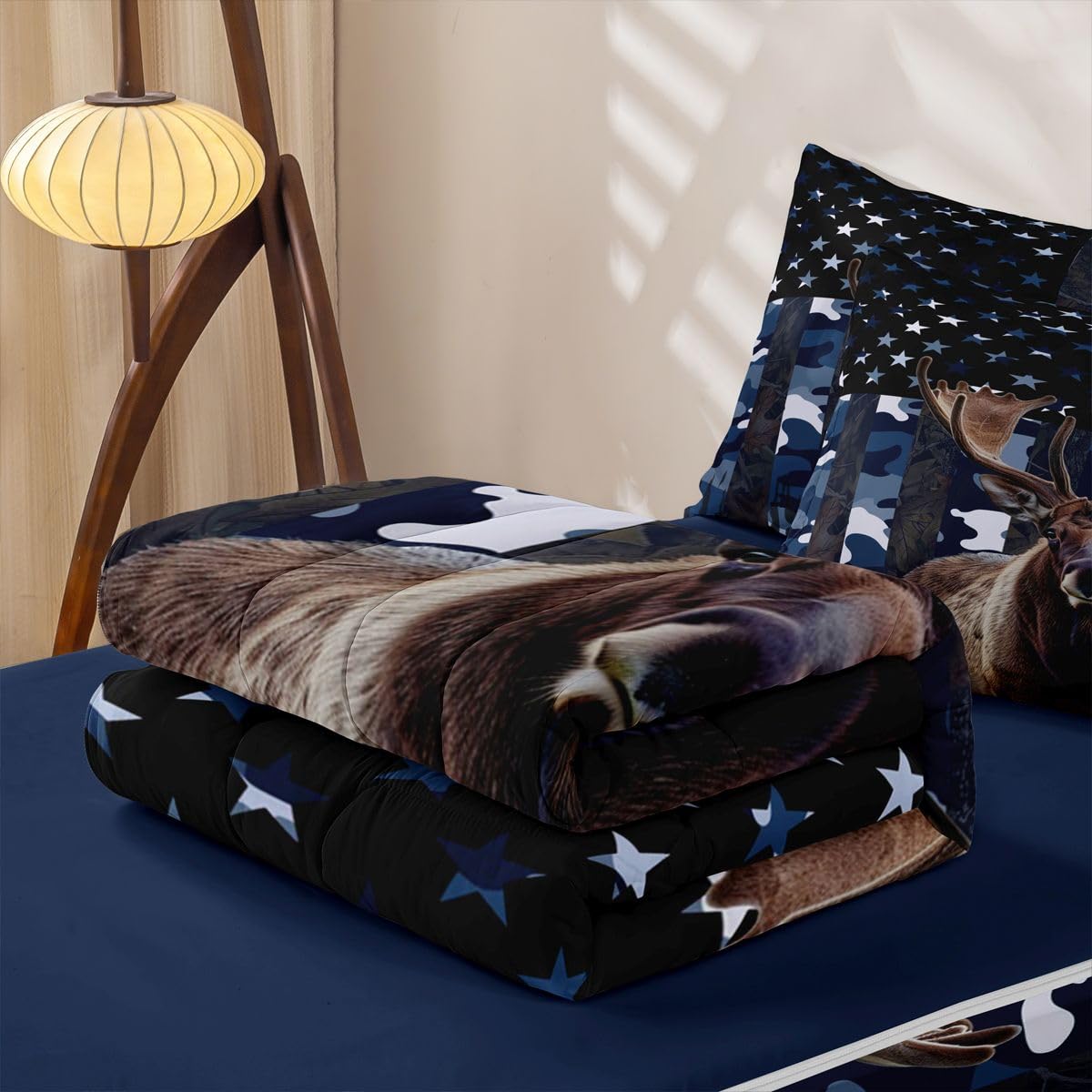 jejeloiu Moose Elk Hunting Camo Zipper Bedding Sets for Kids Boys Girls Rustic Western Deer Twin Comforter Set with Fitted Sheet American Flag Bedroom Decor Microfiber with 2 Pillow Cases