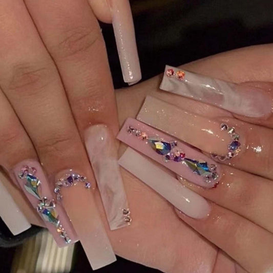 YoYoee Long Coffin False Nails Full Cover Nails Tips Marble Nails Nude Press on Nails Gradient Fake Nails for Women and Girls 24PCS