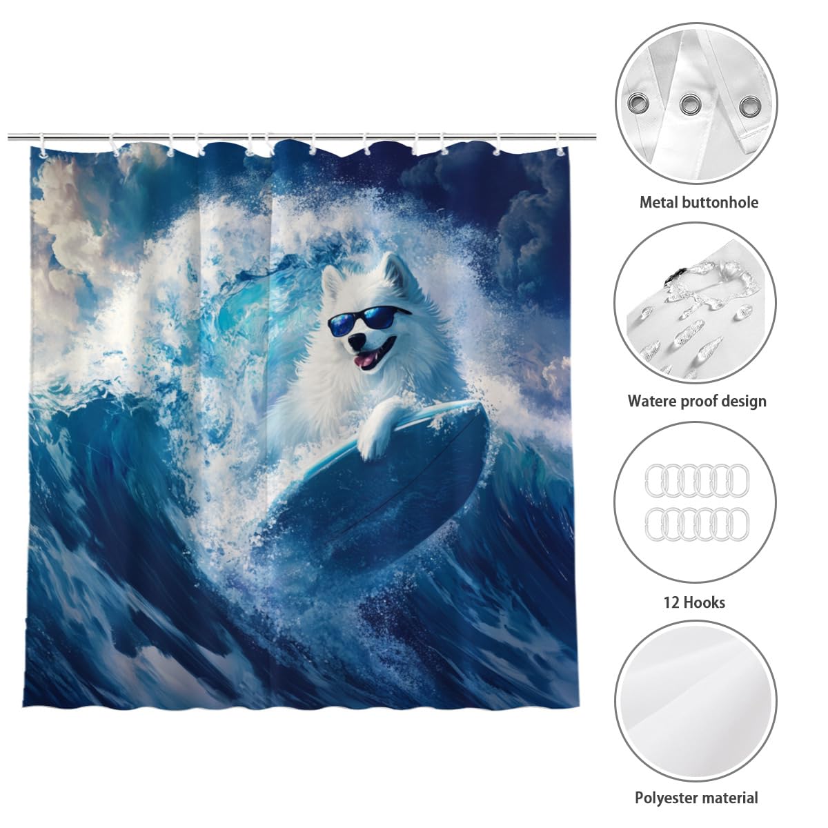 KEEPAEON Surfing Samoyed Shower Curtain, 72x72 Inch, Waterproof Polyester Fabric with 12 Hooks, Fun Beach-Themed Bathroom Decor Summer Shower Curtain