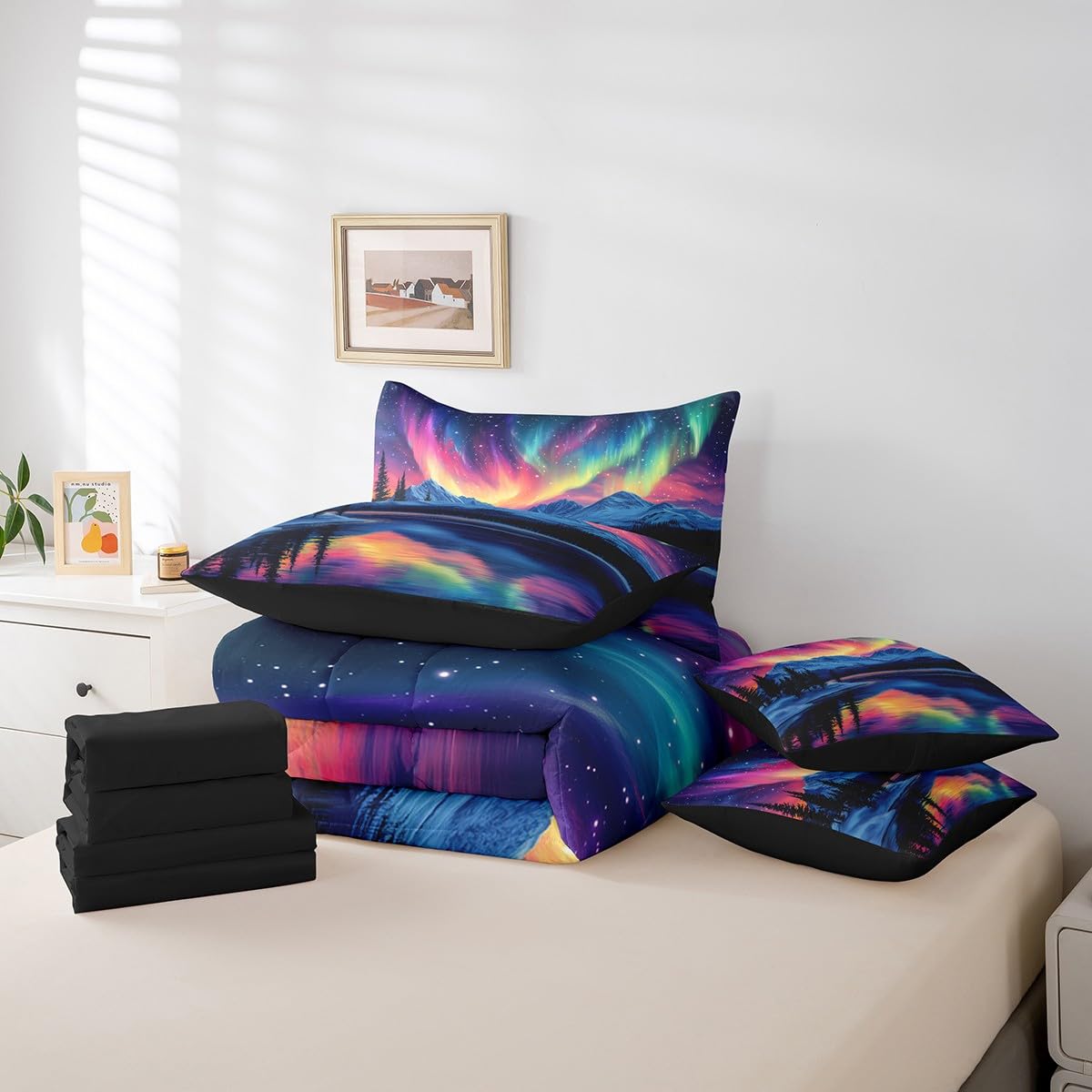jejeloiu Mountain Lake Comforter Set with Sheets Twin Size Kids Aurora Starry Night Sky 7 Pieces Bedding Set for Boys Girls Teens Nature Landscape Bed in a Bag Breathable Galaxy Bed Set Room Decor