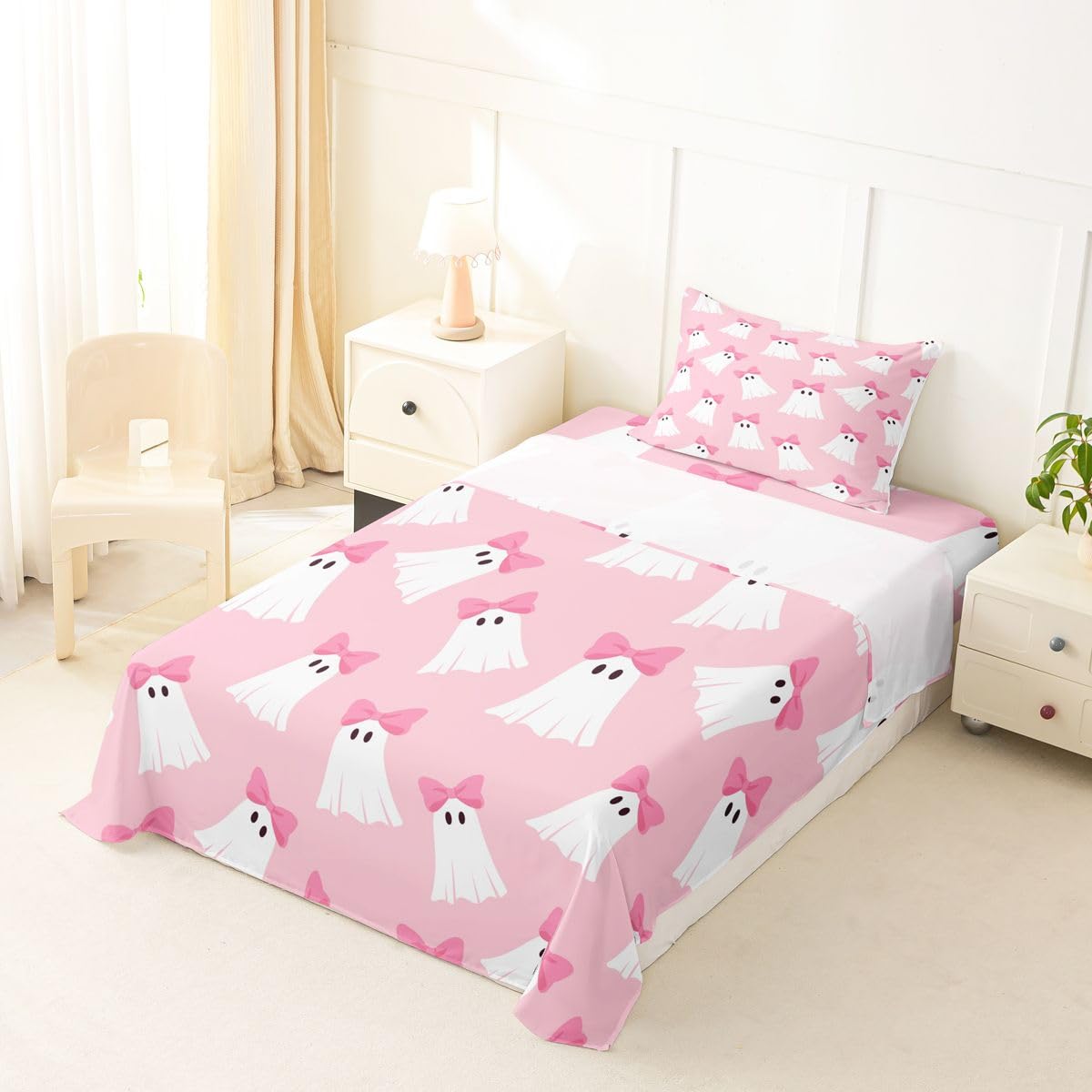 Feelyou Cute Pink Halloween Bed Sheets Set Twin Size Halloween Bow Ghost Bed Set Kawaii Ghost Deep Pocket Fitted Sheet Breathable Soft Lightweight Microfiber