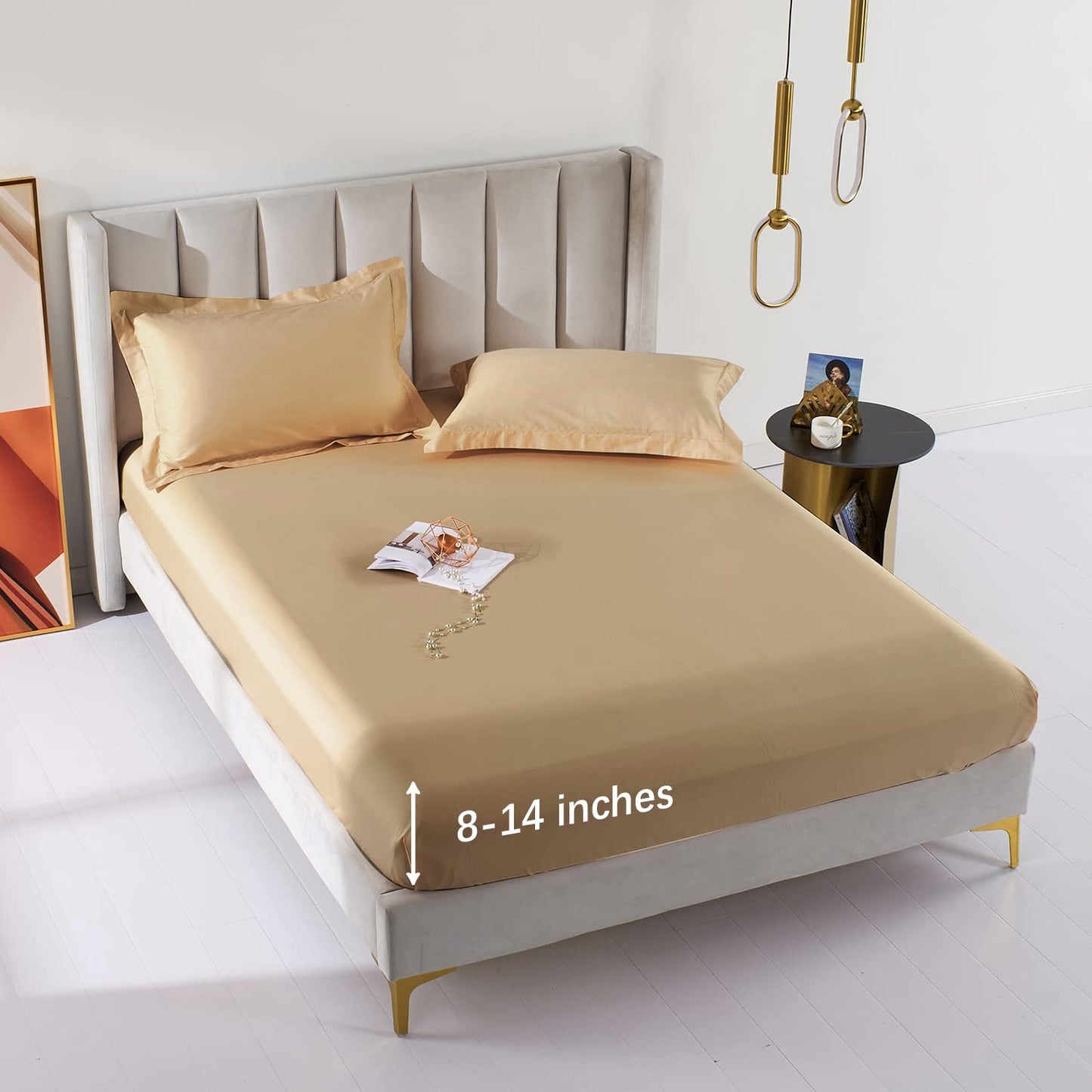 MILDLY Deep Pocket Fitted Sheet Only Queen Size 60"x80" 100% Long Staple Cotton Champagne Gold Breathable Bottom Sheet Fits Up to 14" Deep Mattress