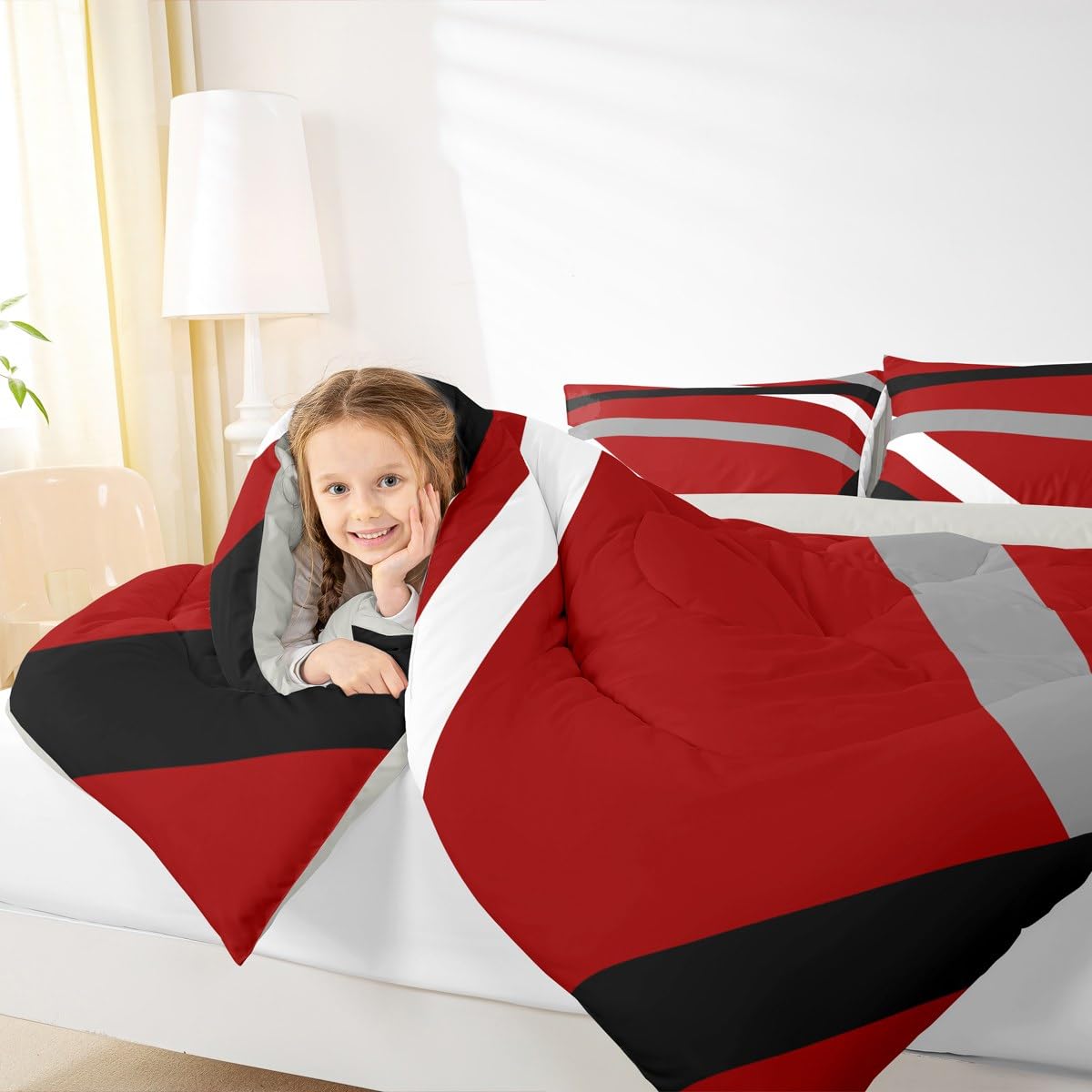 Erosebridal Red Gray Black Striped Queen Comforter Set for Adult Women Men Modern Abstract Bedding Set Geometric Lines Bed Set Aesthetic Boho Quilt Set