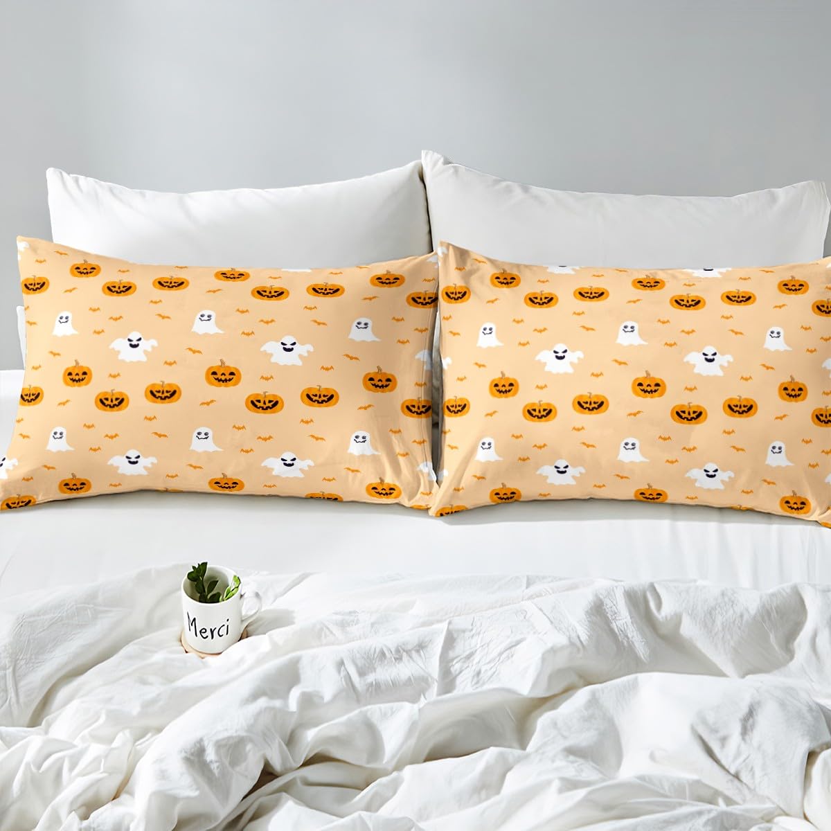 jejeloiu Kids Pumpkin Lantern Sheet Set King Size Halloween Bed Sheets Set for Boys Girls Teens Room Decor Cute Ghost Sheets with Deep Pocket Fitted Sheet Women Men Yellow Bedding Set,4Pcs