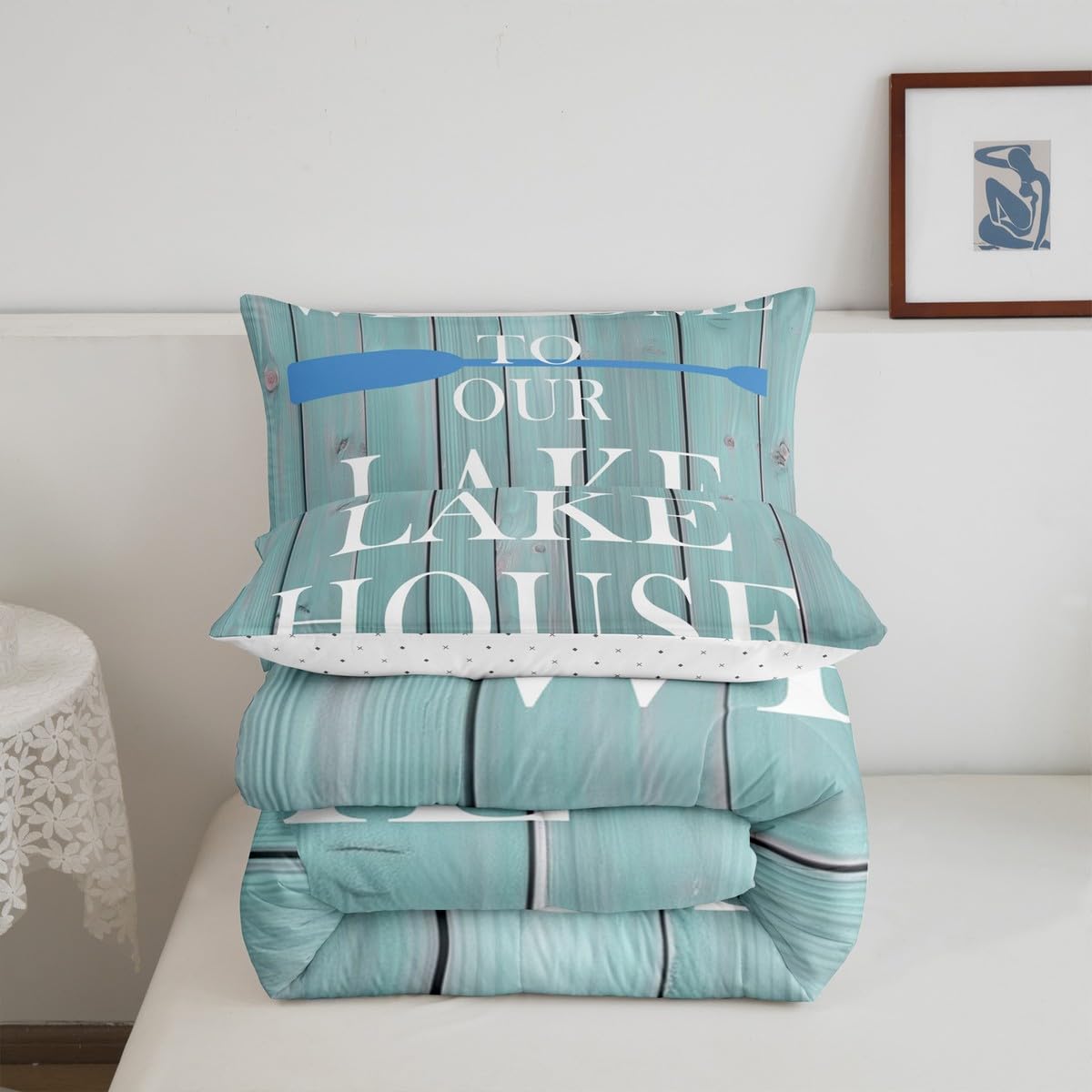 Lake House Comforter Set Queen Size, Rustic Cabin Farmhouse Style Bedding Set 3pcs, Retro Wooden Plank Lake Theme Down Comforter for All Season, Kids Boys Girls Room Decor, 2 Pillowcases, No Sheets