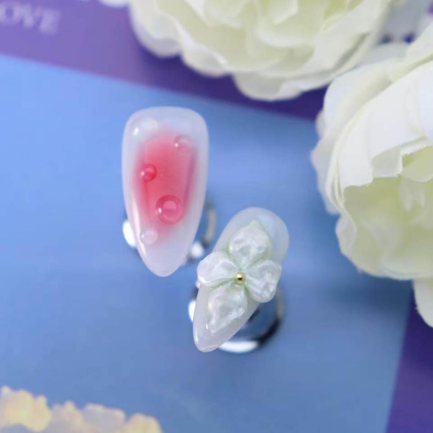 3D Floral Press on Nails Medium Almond Fake Nails Pure Handcrafted Nail Aurora Ombre Nail Press ons with Butterfly Design Stick on Nail for Women Spring Manicure(L)