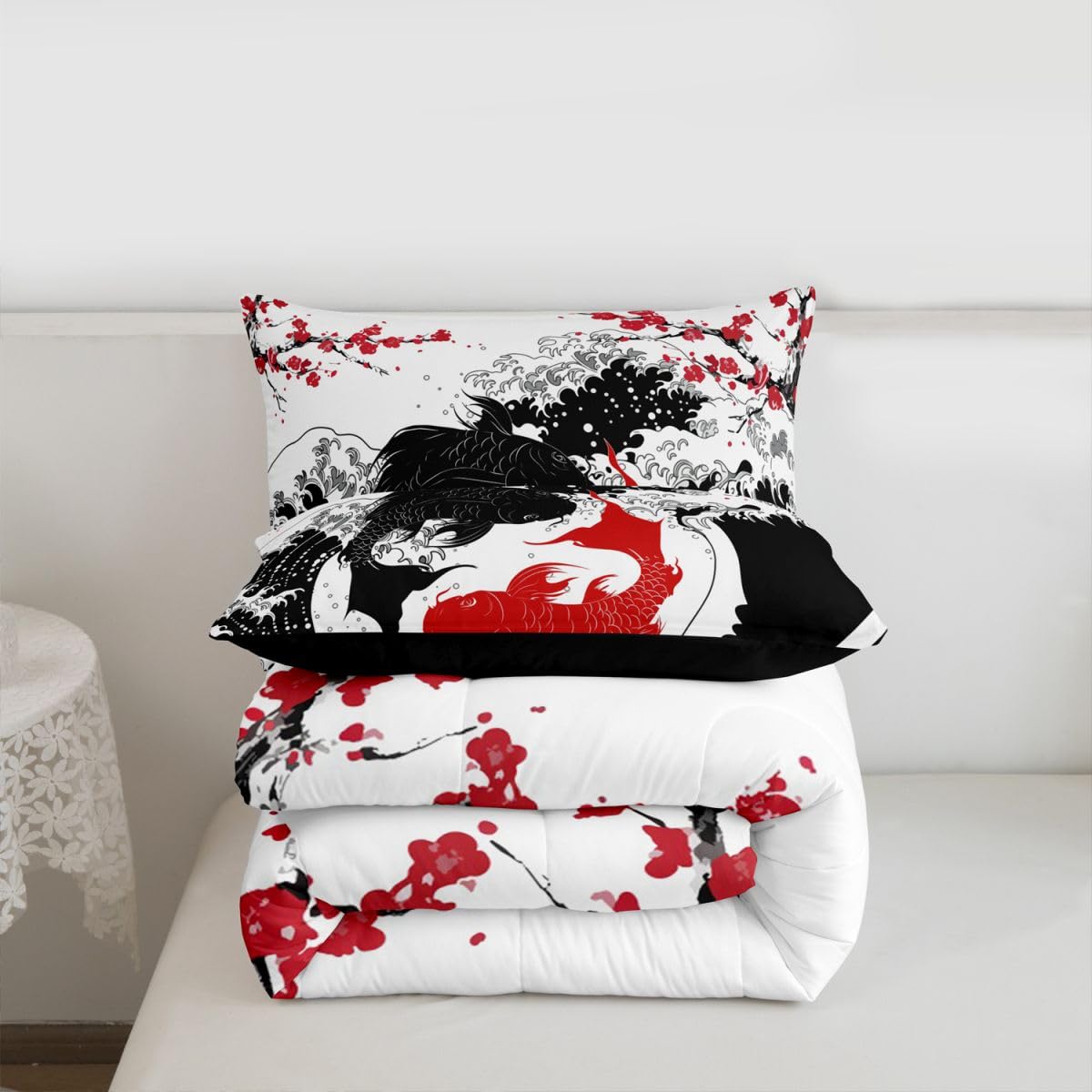 Erosebridal Koi Fish Bedding Full,Cherry Blossoms Comforter Set Japanese Waves Bed Sets Yin Yang Duvet Insert 3 Pieces (Black White)