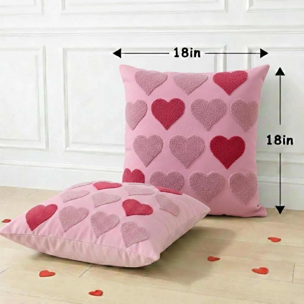 Fjfz Valentines Day Throw Pillow Covers 18 x 18 Inch Set of 2, Valentines Day Decorations Soft Plush Faux Fur Pink Love Hearts Home Decor, Bedroom Living Room Sofa Wedding Couch Cushion Case