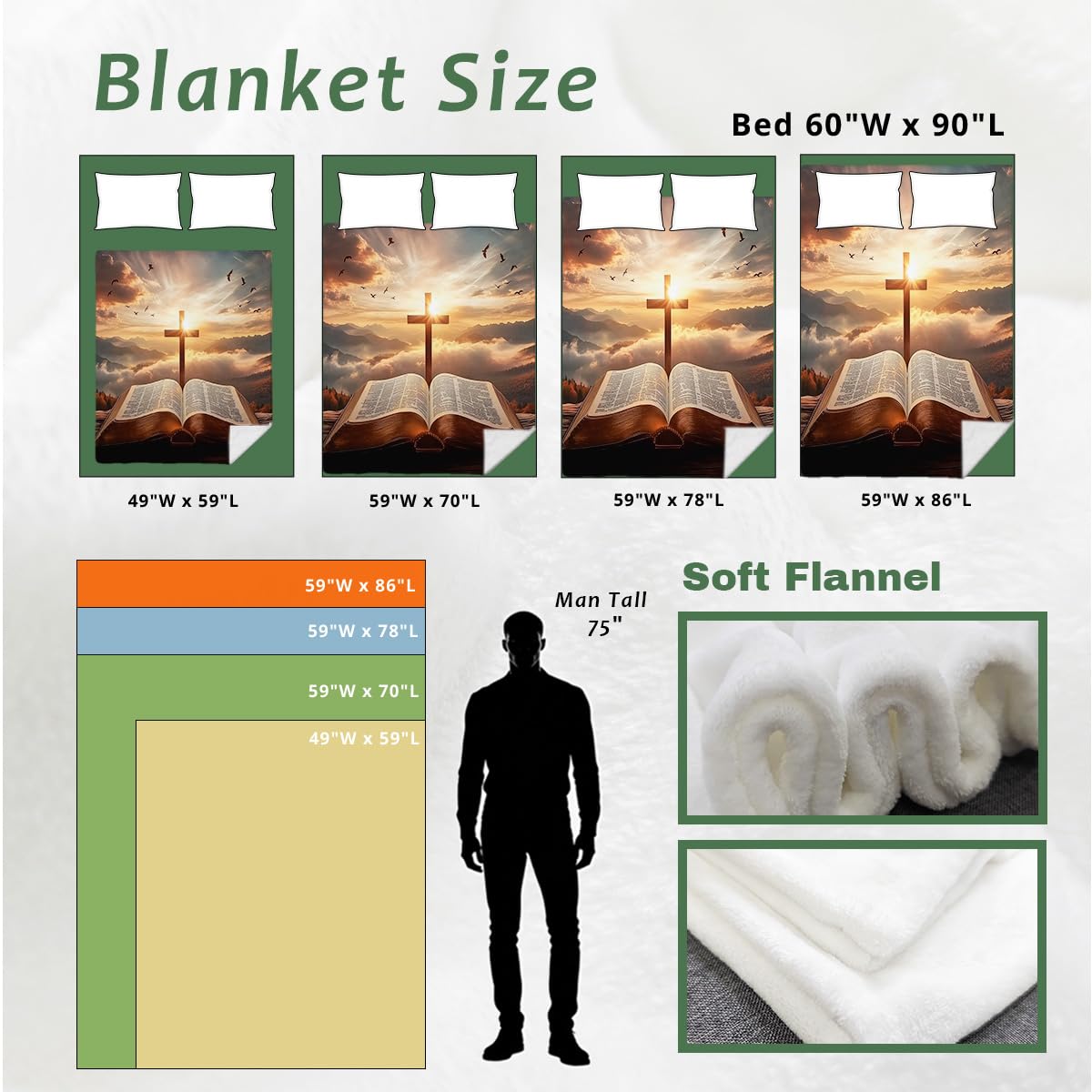 HUNXIAOJ Christian Flannel Blankets for Women Men Adults Cross and Scripture Decor Print Blankets Throw Soft Inspirational Decor Christ Gifts 59"x70"