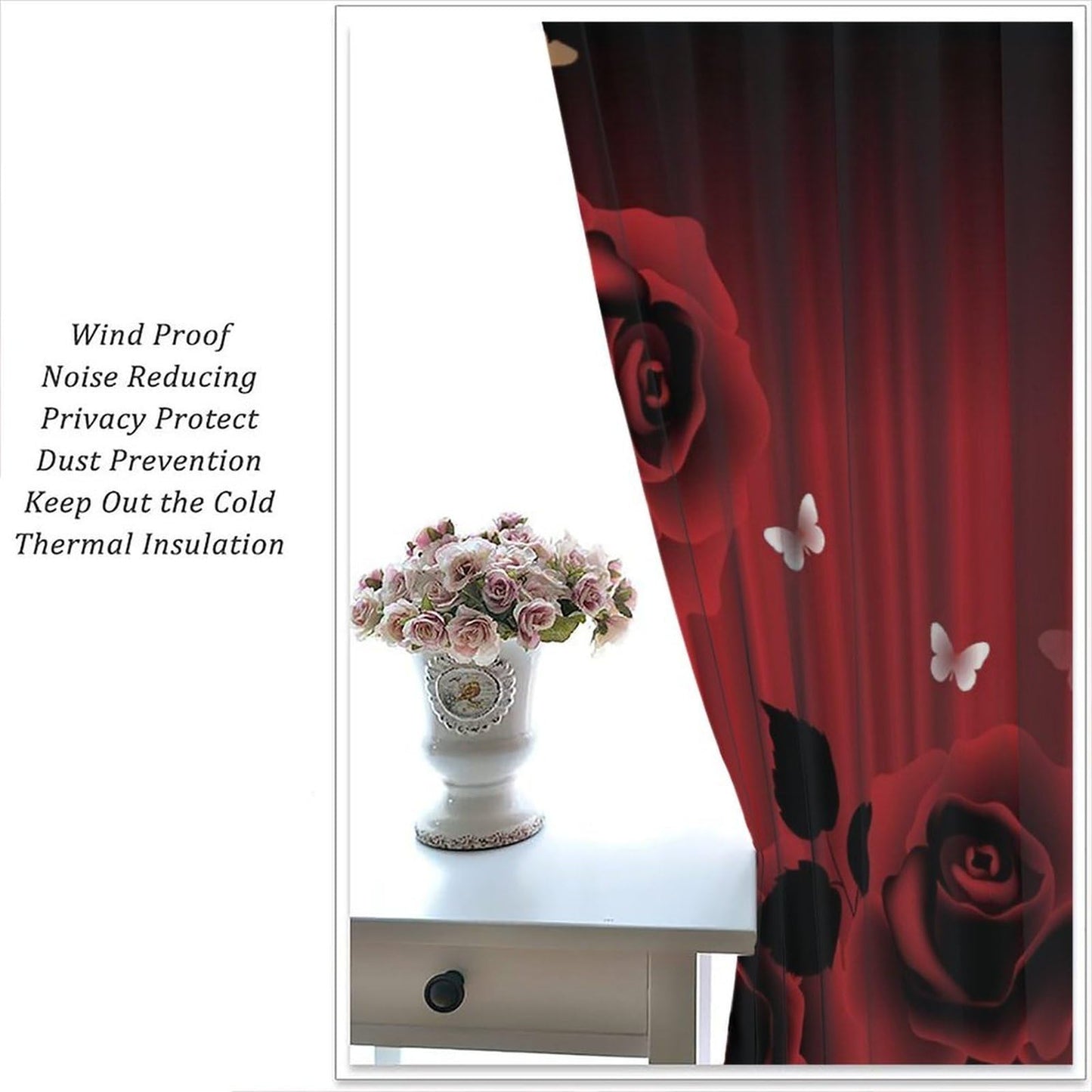 Nsbul Red Rose Curtains, Romantic Love Flower Floral Butterfly Luxury Design Window Drapes for Bedroom Living Room Valentine Day, 42" W X 45" L (No Blackout)