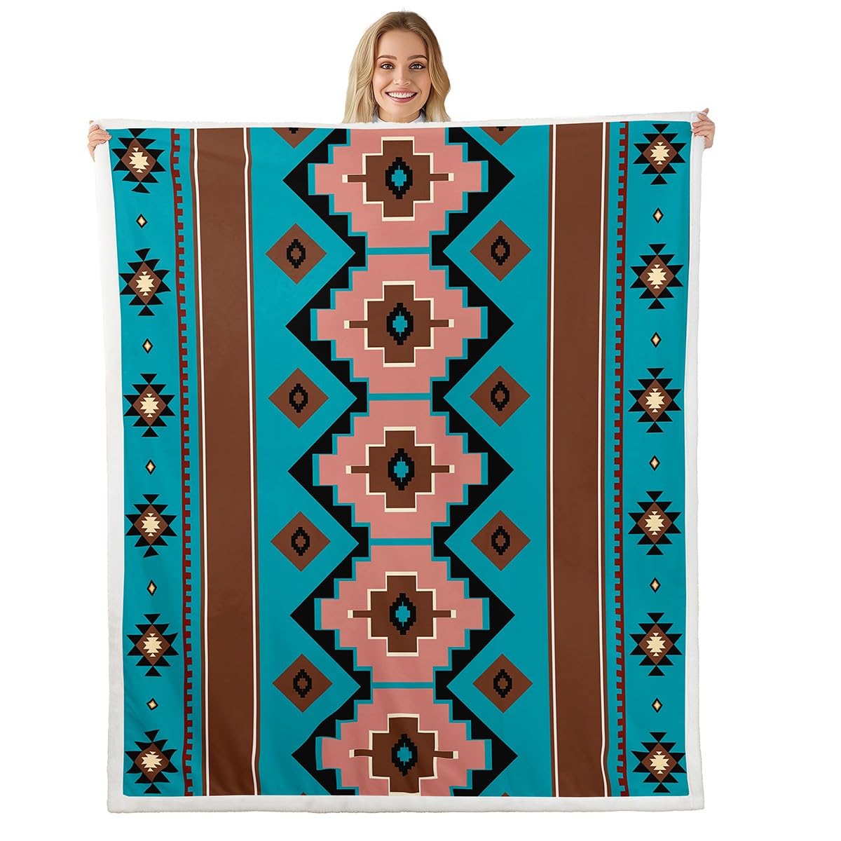 Feelyou Boho Aztec Throw Blanket West Soft Fleece Sherpa Cozy Fuzzy Plush Warm Teel Brown Fuzzy Plush Throw Western 40"x50" for Bed Couch Living Room