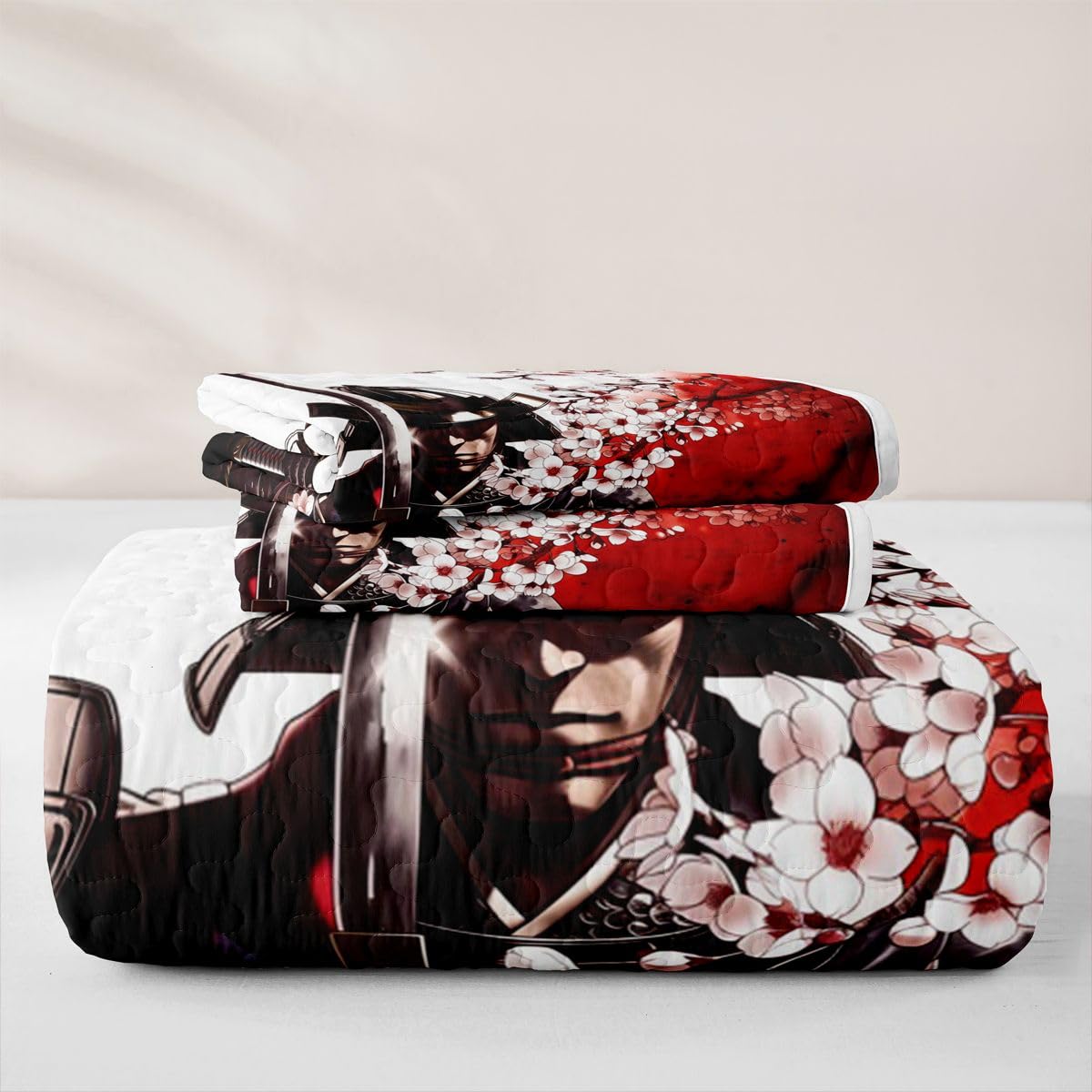 Erosebridal Japanese Samurai Quilts Twin Size - Japan Warrior Bedspread Coverlet Set, Cherry Blossom Quilt Coverlets 2Pcs (Only 1 Pillowcase)