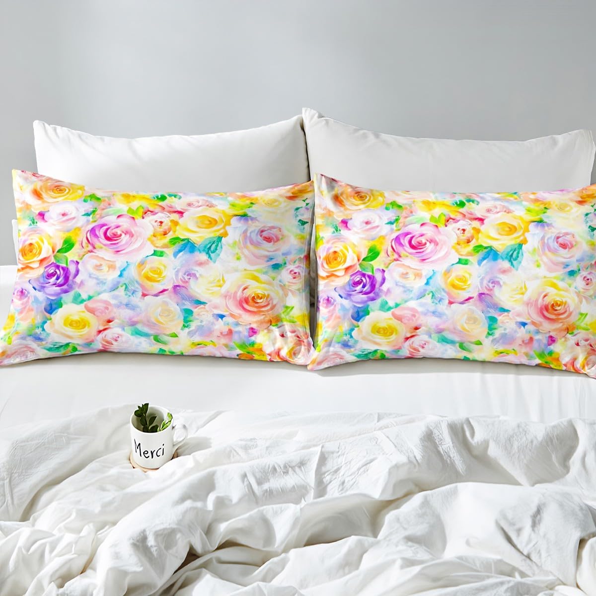 Feelyou Rose Flower Bedding Sheets Girls Women Like Full Yellow Pink Flower Bed Sheet Set Garden Flower Fitted Sheet Pretty Botanical Bed Cover 3Pcs,1 Fitted Sheet+2 Pillow Sham（No Flat Sheet）
