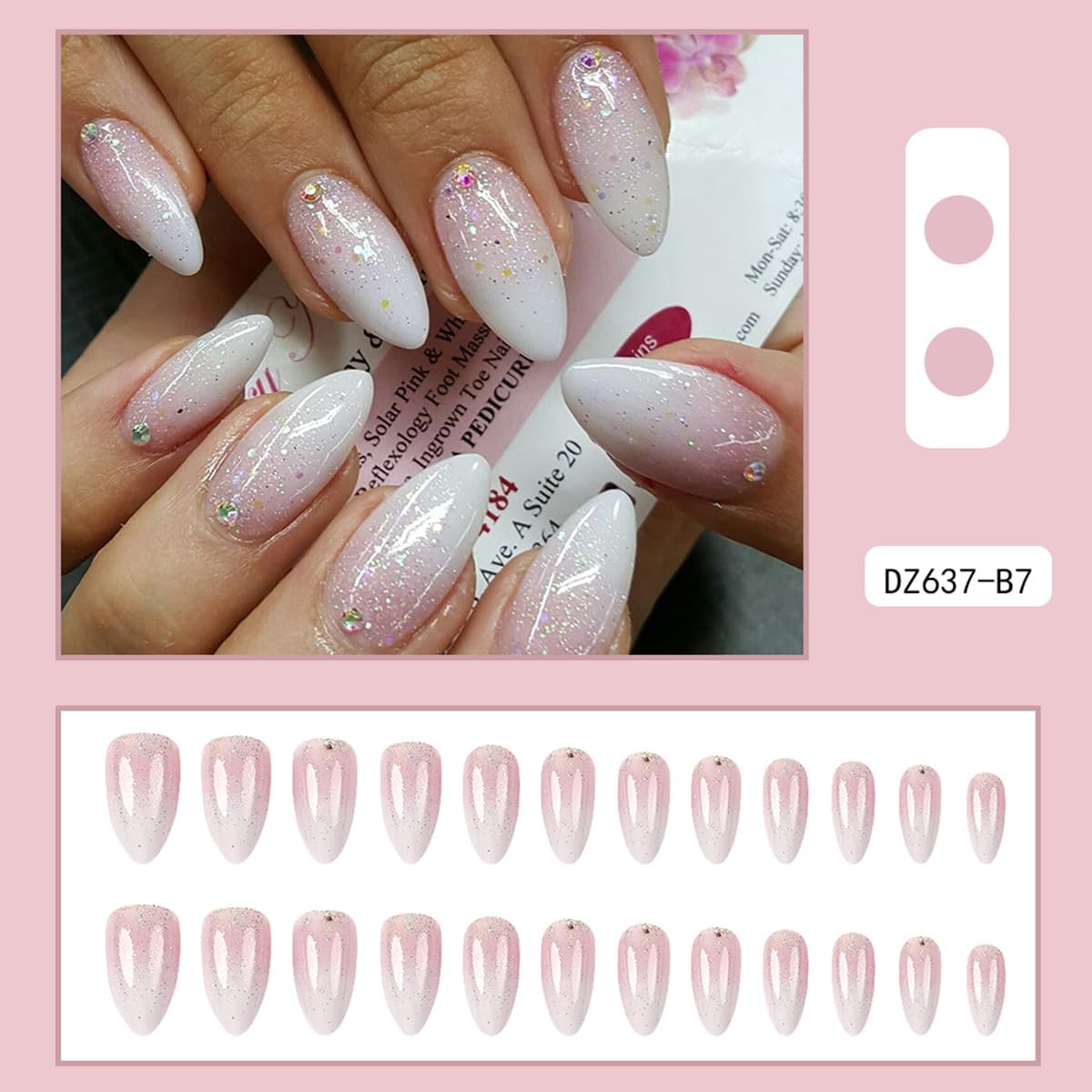24Pcs Almond Press on Nails Short Nude Fake Nails with Sparkly Rhinestones Glitters Designs Pink White Gradient Glue on Nails Full Cover Acrylic False Nails for Women Manicure Decoration
