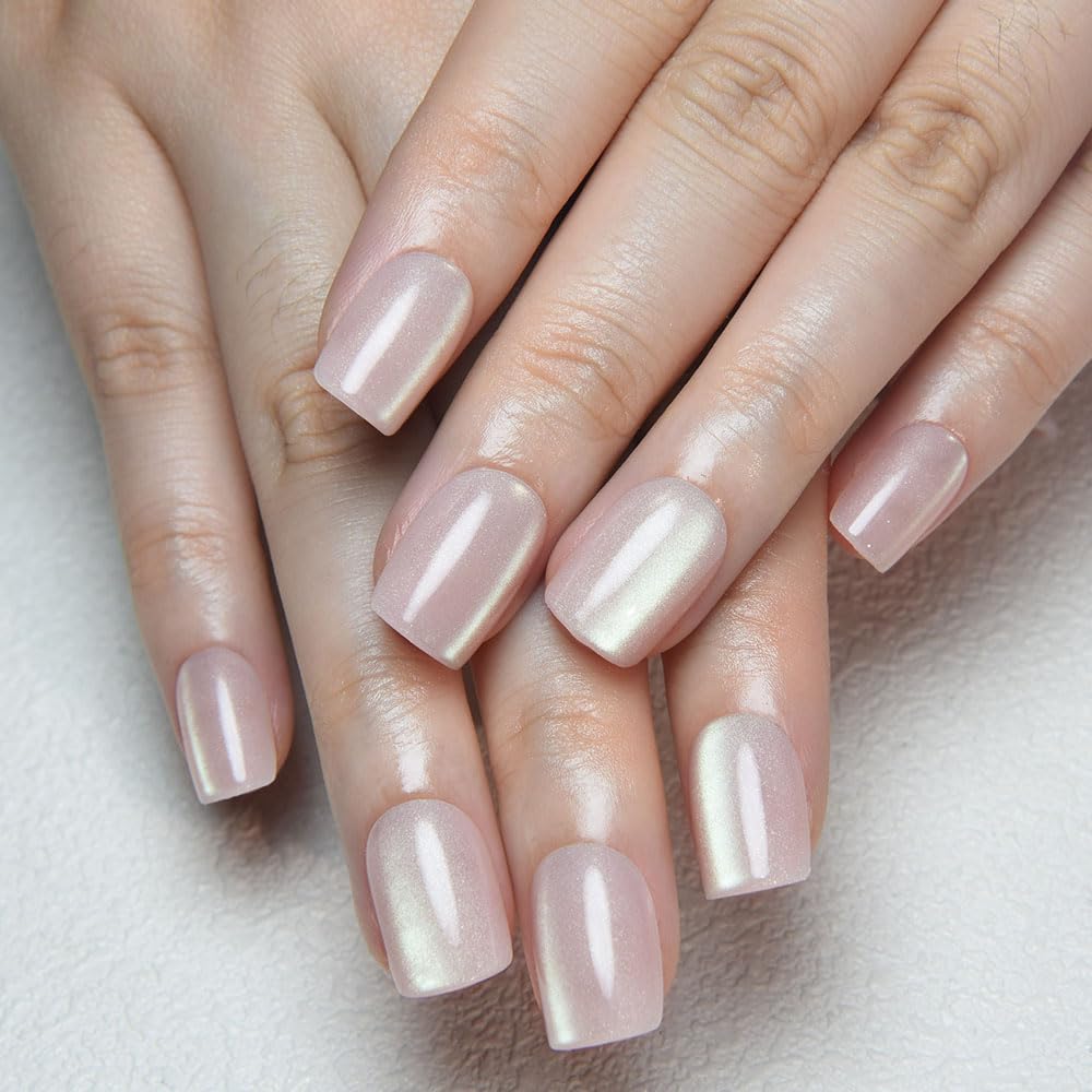evpct Aurora Nude Cat Eye Extra Short Square No Glue Press on Nails, Petite Short Square Stick on Nails for Women, Nude Glossy Holographic Fake Nails Reusable Press on Acrylic Fake Nail with Designs