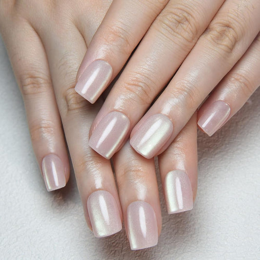 evpct Aurora Nude Cat Eye Extra Short Square No Glue Press on Nails, Petite Short Square Stick on Nails for Women, Nude Glossy Holographic Fake Nails Reusable Press on Acrylic Fake Nail with Designs