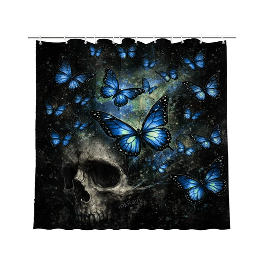 InkRain Gothic Blue Butterfly Skull Shower Curtain 70x84 Inch Black Fantasy Art Bathroom Decor Waterproof Fabric Includes 12 Hooks