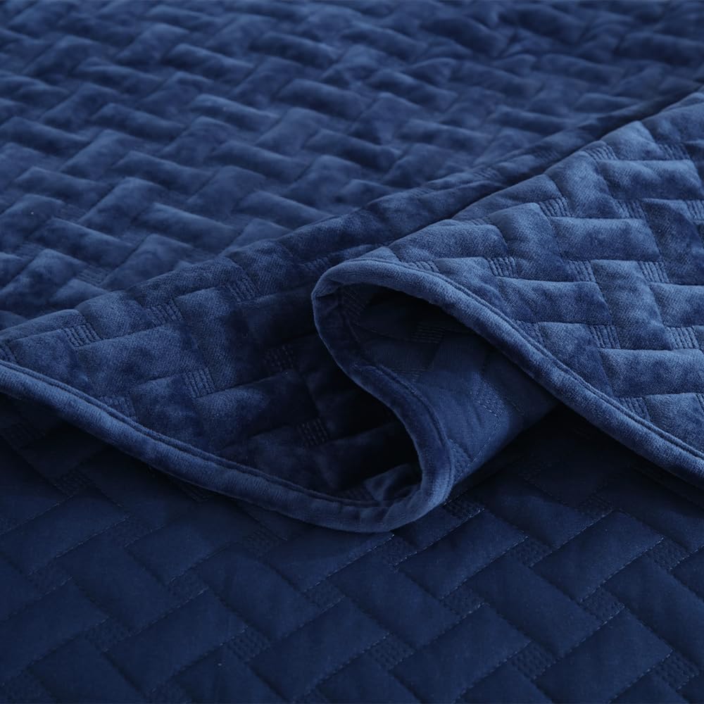 Liians Velvet Bedspread Quilt Bedding Sets,Luxury Elegant Ultra Soft Velvet Comforters Coverlet Blankets,Weave Stitching Pattern Cotton Quilted Bedspread for All Seasons,Navy Blue,King Size