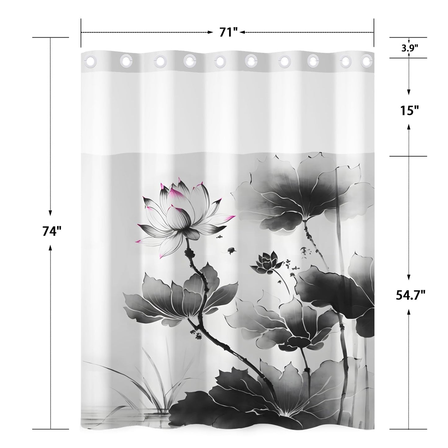 NAEMBCU No Hook Shower Curtain and Liner Set, Black and White Lotus Floral Shower Curtains for Zen Minimalist Spa Bathroom, Waterproof Bath Tub Curtain with Sheer Top Window, 71x74 Inch
