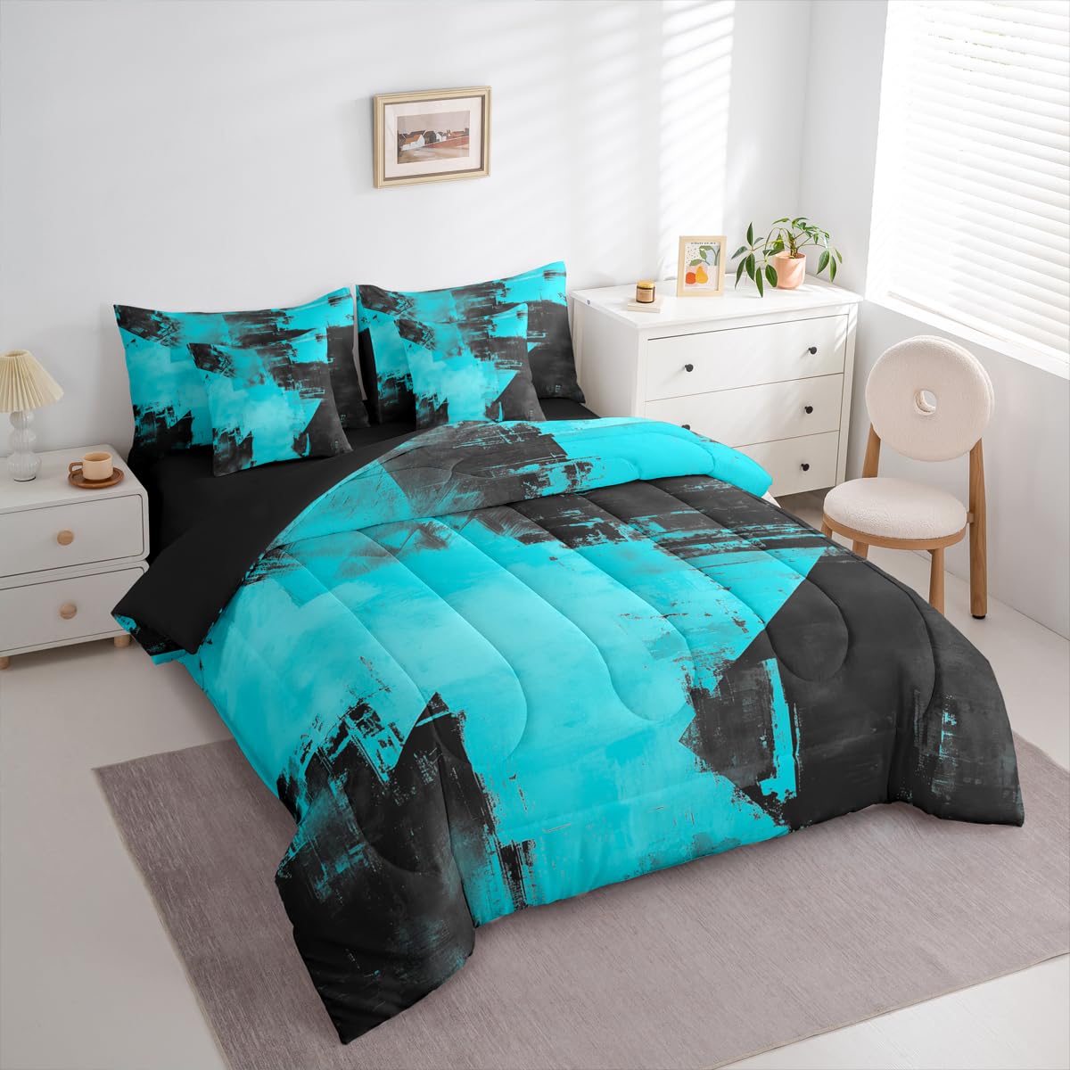 Feelyou Abstract King Comforter Set with Sheets for Kids Boys Girls Modern Abstract Art 7 Pieces Bedding Set Luxury Bed in a Bag Geometric Room Decor Lake Blue Soft Lightweight Microfiber