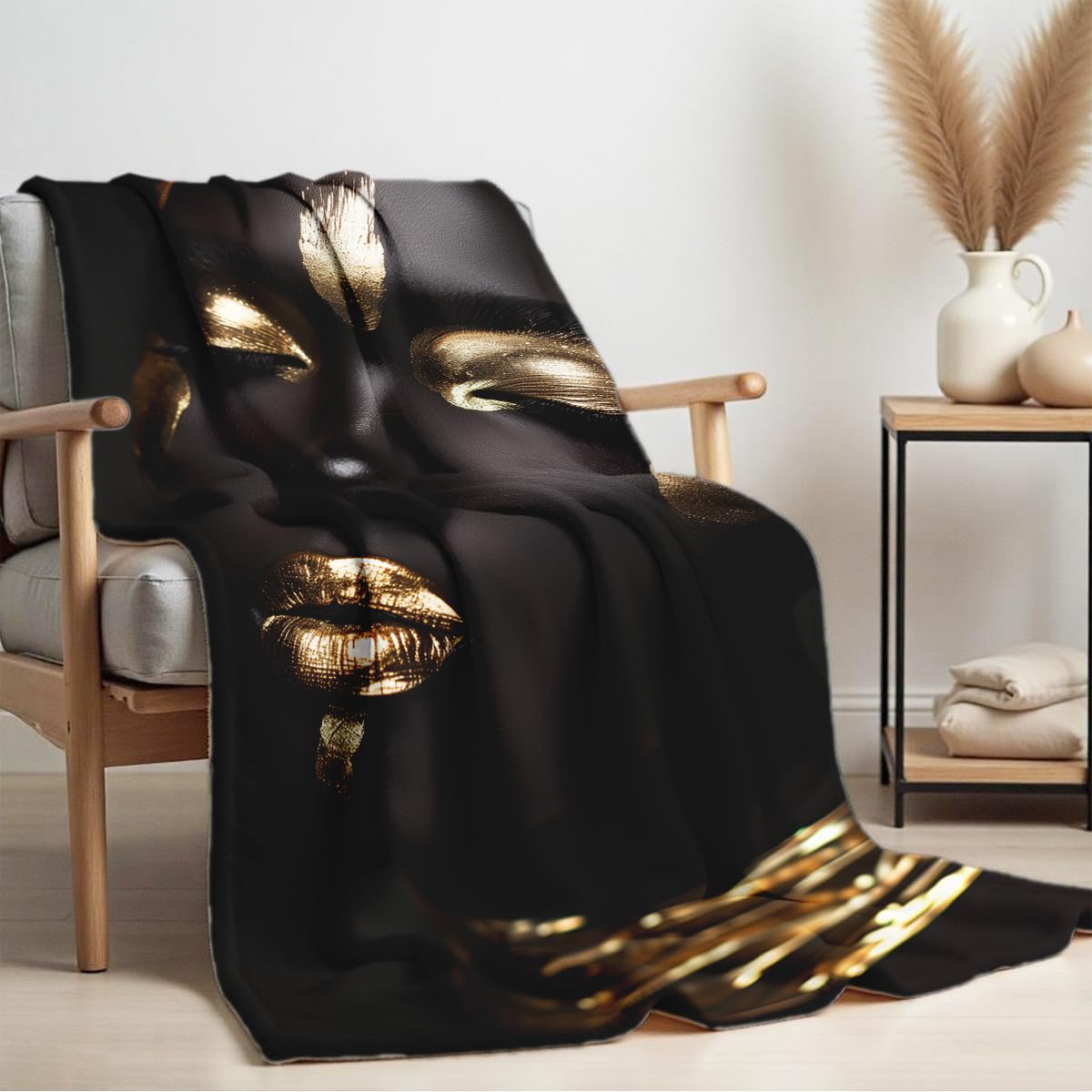 HUNXIAOJ African American Woman Blanket Throw Black Gold Print Flannel Blanket Gifts for Girls Female Women African American Couch Bed Living Room Home Decor 49"x59"