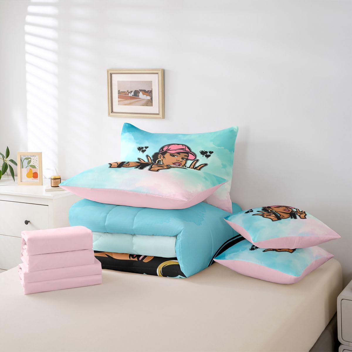 Erosebridal Cute Black Girl Twin Size Bedding Set Hip Hop Pink Hat Y2K 7 Pieces Comforter Set with Sheets for Teens Women Cool African American Bed in a Bag Tie Dye Gradient Pastel Bed Sets