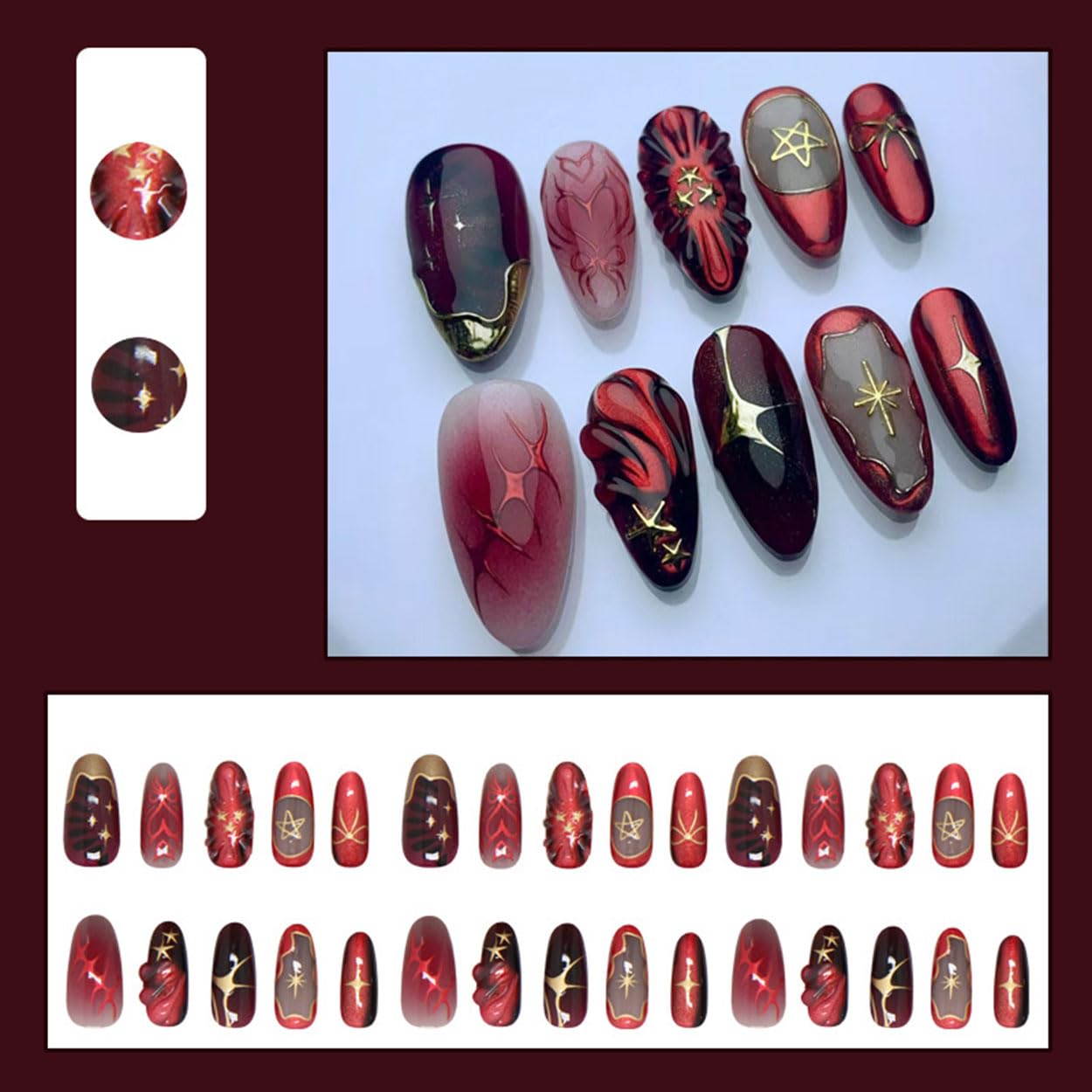 Press on Nails Almond Medium Red Fake Nails French Tip False Nails Press ons with Starburst Design Glue on Nails Artificial Acrylic Nail Art Glossy Full Cover Stick on Nail Supplies for Women 24Pcs