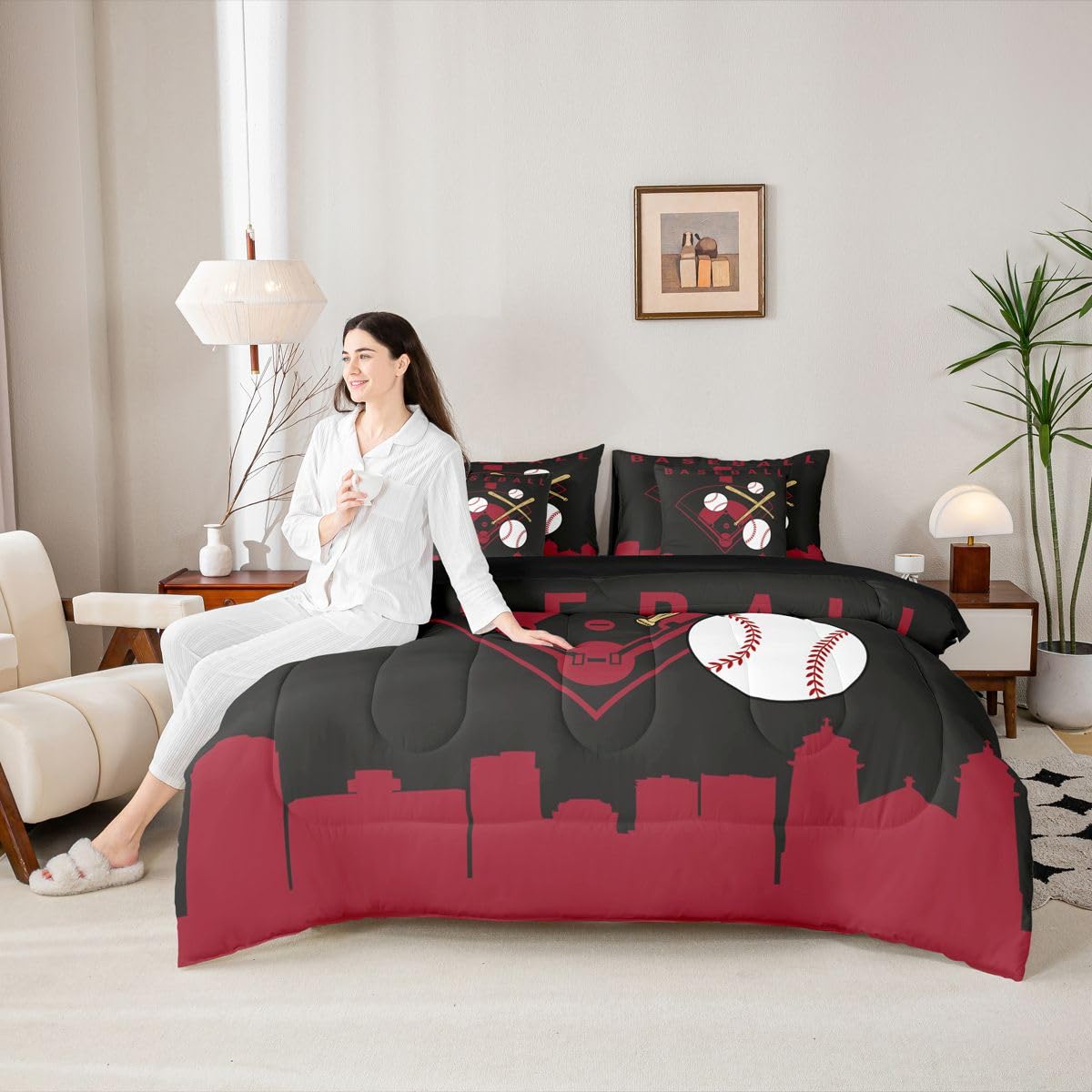 Erosebridal Baseball 7 Piece Bed in A Bag Full Size Softball Sports Boys Comforter Set Cover Baseball Bat Bedding Set for Kids Teens Adult Men City Building Black Red Sheet Sets
