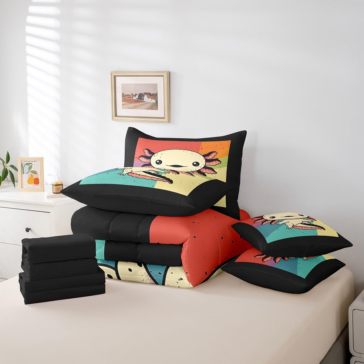 Erosebridal Cute Axolotl Comforter Set 7 Piece Bed in a Bag Twin,Nautical Sea Animal Kawaii Bedding Sets Cartoon Walking Fish Comforter and Sheet Set,Ocean Reptile Bed Set