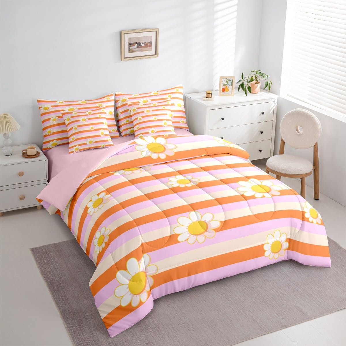 Erosebridal Cute Daisy 7-Piece Bedding Set For Kids Girls Pink Orange Comforter Set With Sheets Twin Size Cartoon Flower Bed In A Bag For Teen Girls Young Women Groovy Trendy Geometric Stripe Bed Sets