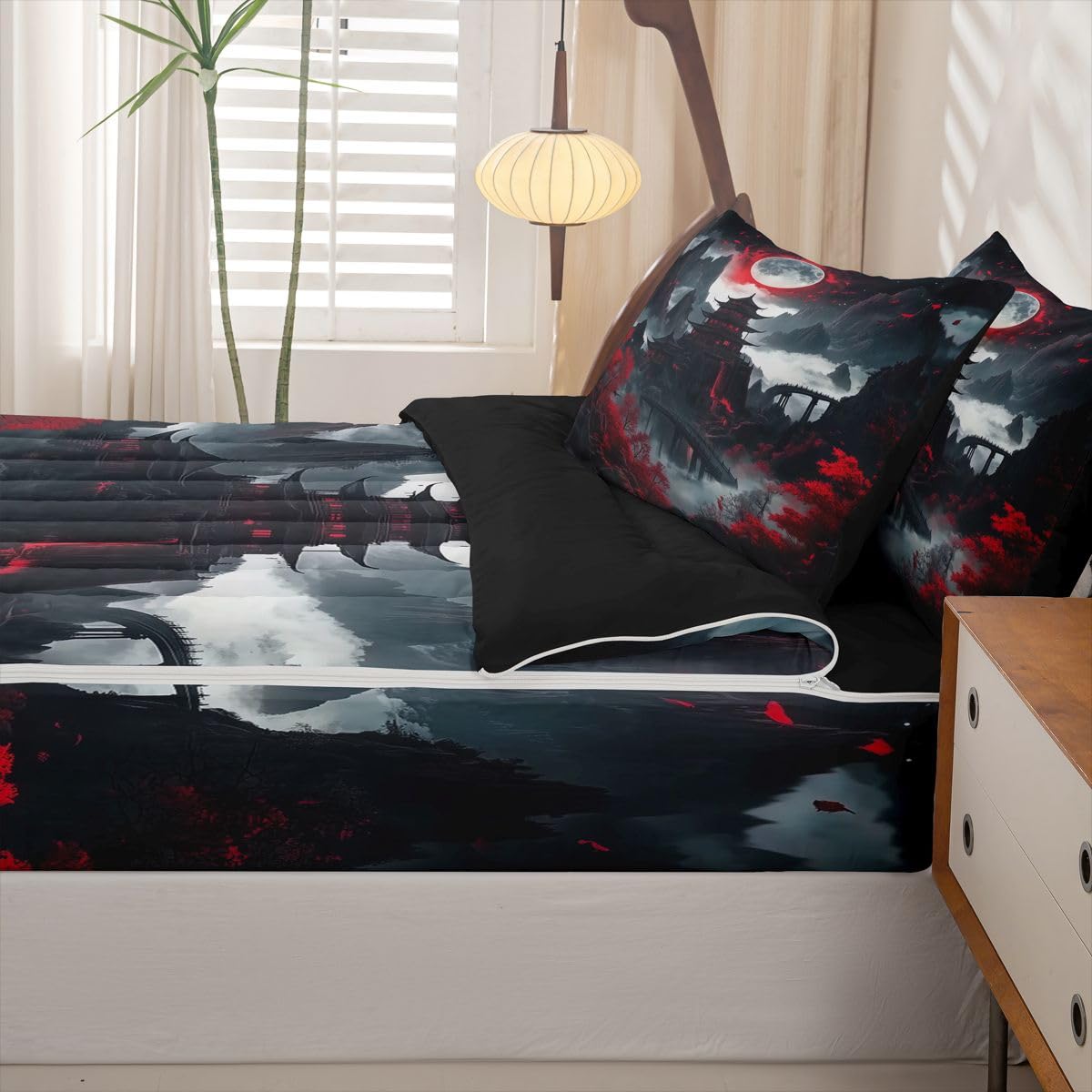 Erosebridal Japanese Anime Zipper Bedding Moon Cherry Blossom Twin Bed in a Bag Set for Boys Girls Teen Vintage Nature Mountain Kids Comforter Set with Fitted Sheet Red Black Zip Up Bedding